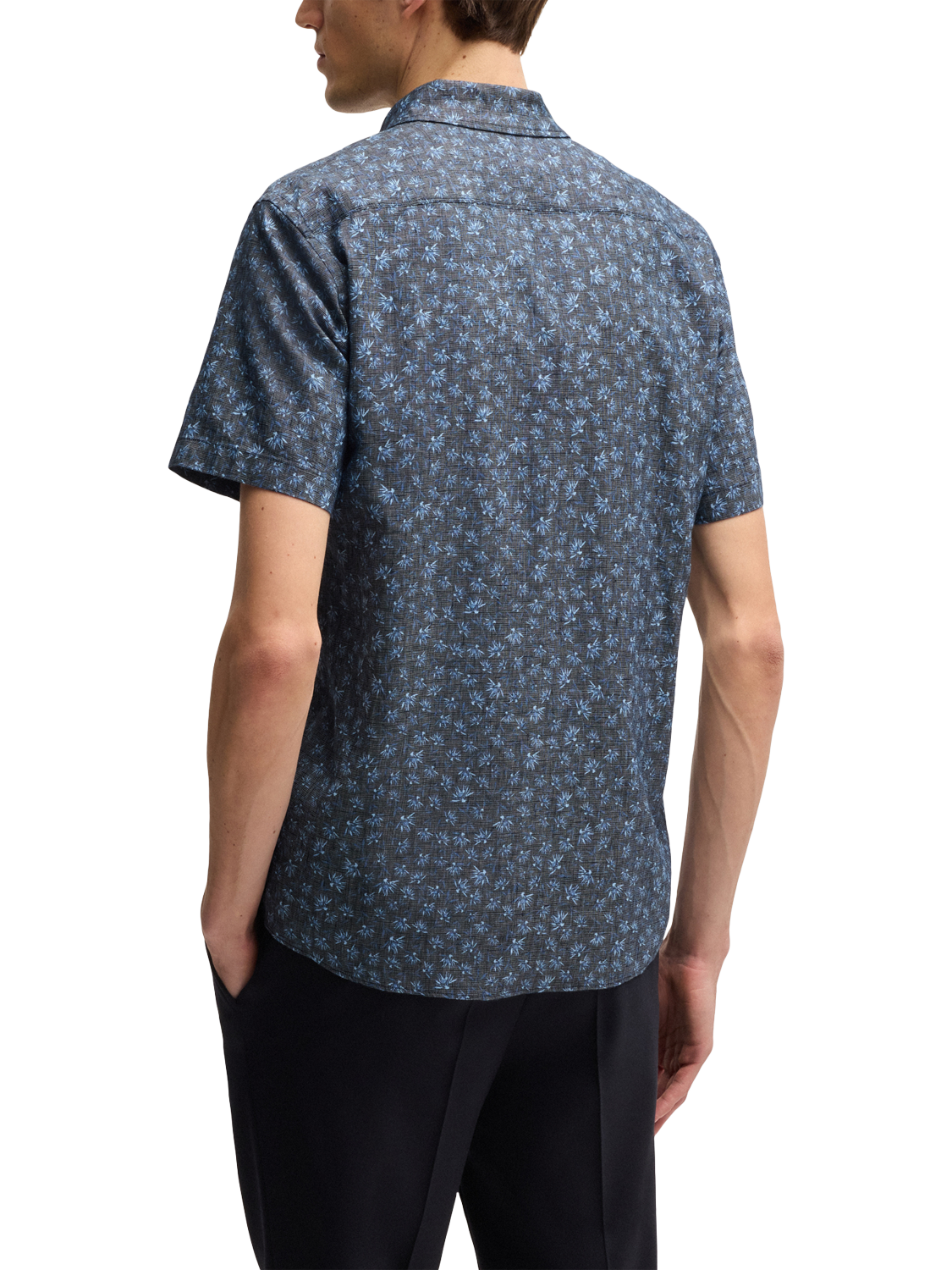Product image 2 of 6, which shows BOSS Linen Blend Slim Fit Floral Shirt, Dark Blue, S