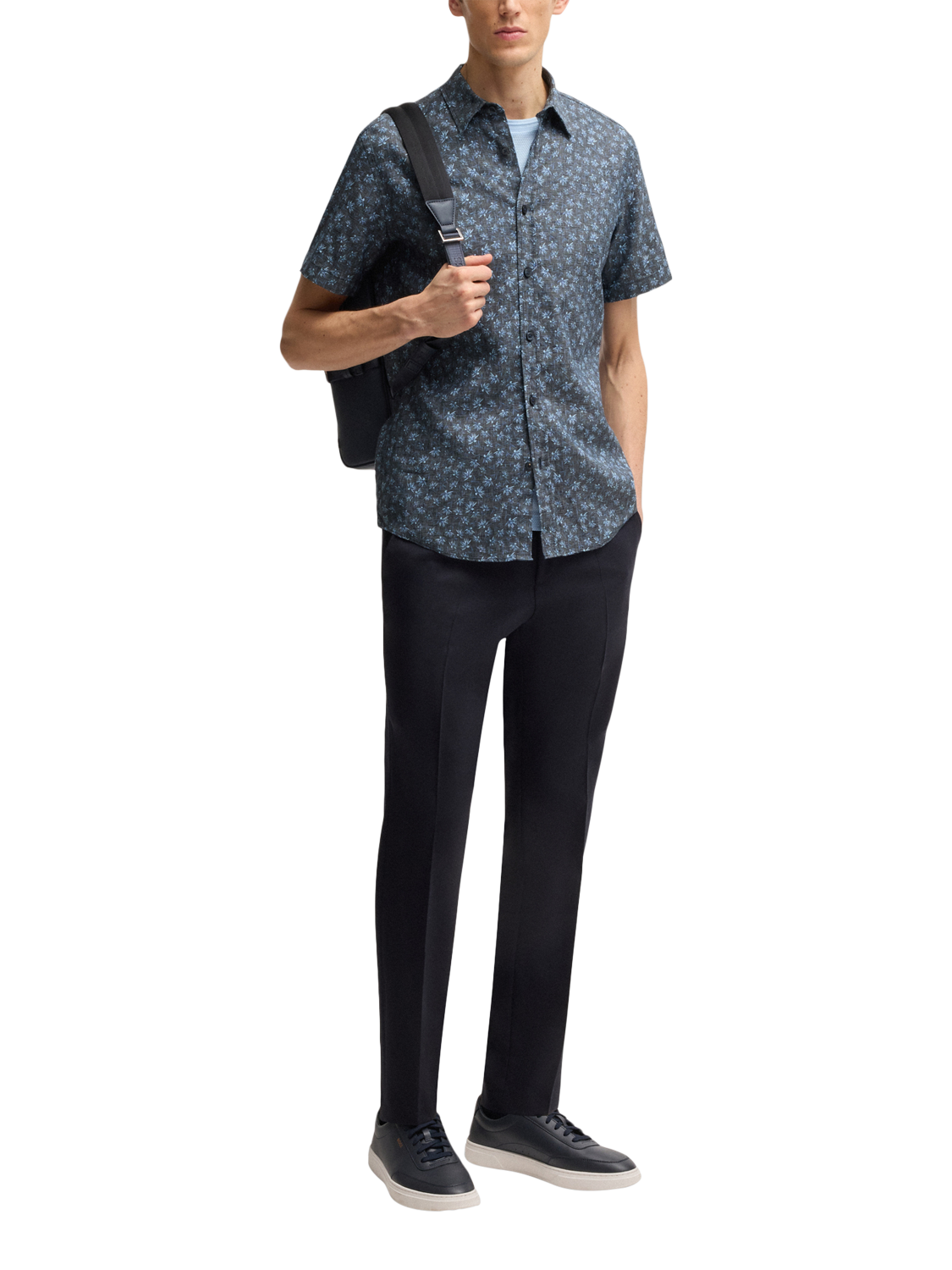 Product image 3 of 6, which shows BOSS Linen Blend Slim Fit Floral Shirt, Dark Blue, S
