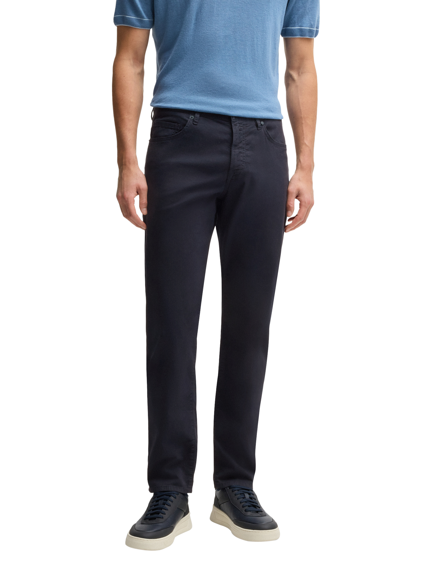 Product image 1 of 5, which shows HUGO BOSS BOSS Maine Regular Fit Cotton Twill Trousers, Dark Blue, 31R