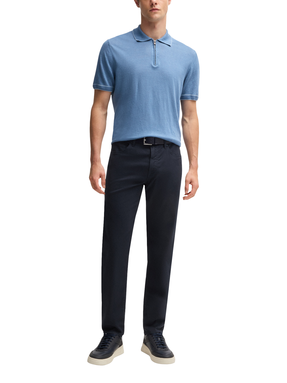 Product image 3 of 5, which shows HUGO BOSS BOSS Maine Regular Fit Cotton Twill Trousers, Dark Blue, 31R