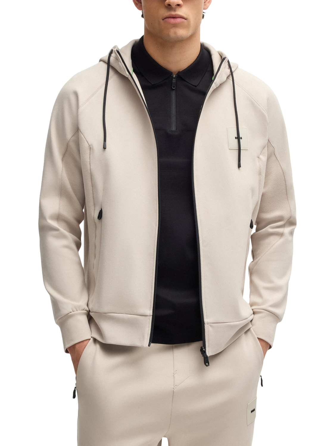 Product image 1 of 5, which shows HUGO BOSS BOSS Jersey Zip Through Hoodie, Beige, M