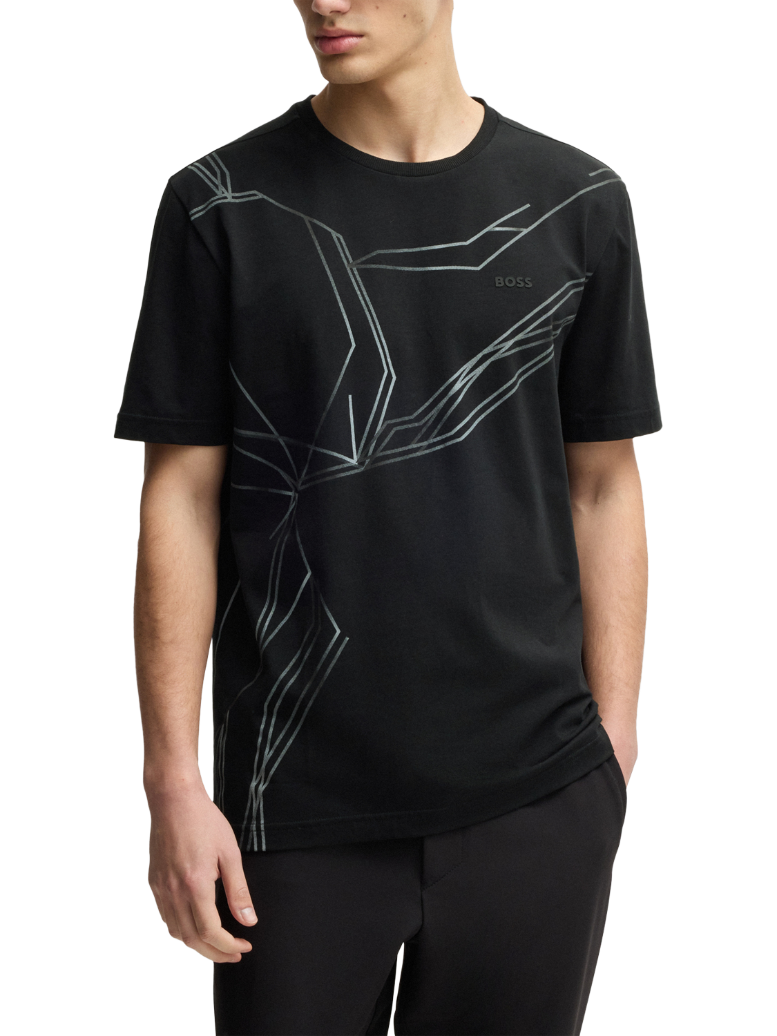 Product image 1 of 5, which shows BOSS Cotton Blend Regular Fit Short Sleeve Abstract T-Shirt, Black, L
