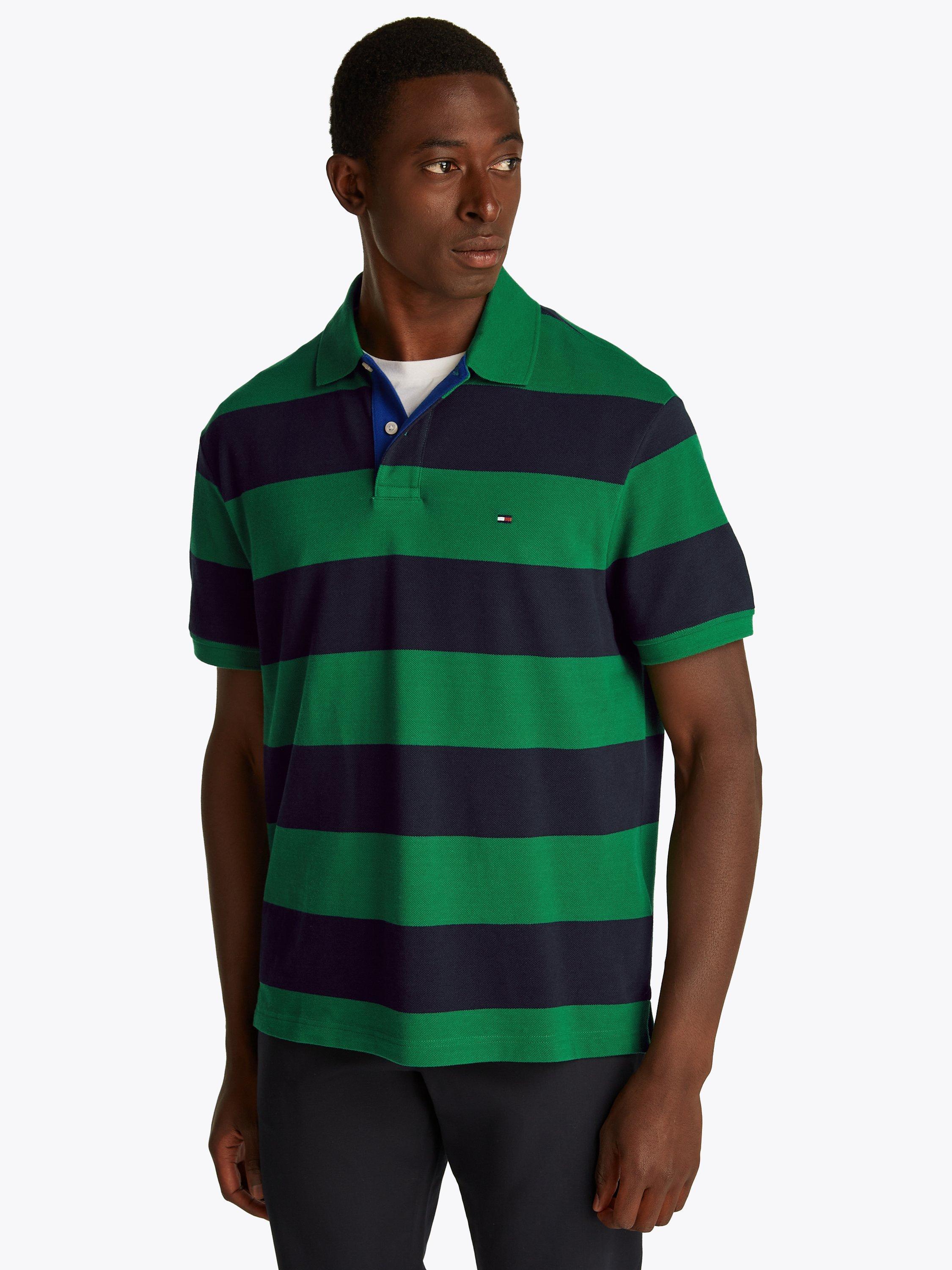 Product image 1 of 7, which shows Tommy Hilfiger Block Stripe Polo Shirt, Green/Desert Sky, S