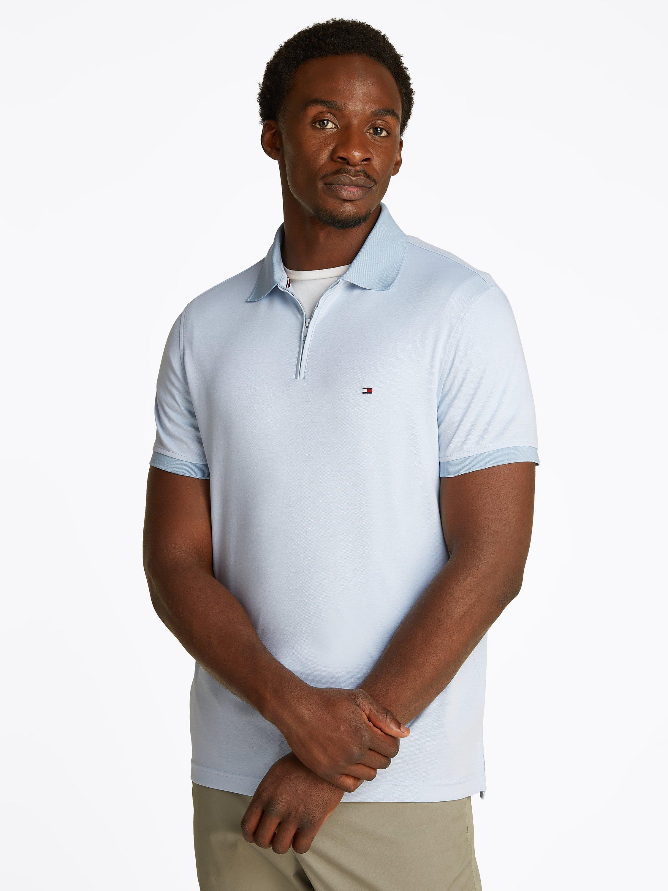 Product image 1 of 6, which shows Tommy Hilfiger Cotton Blend Regular Fit Short Sleeve Polo Shirt, Breezy Blue/White, S