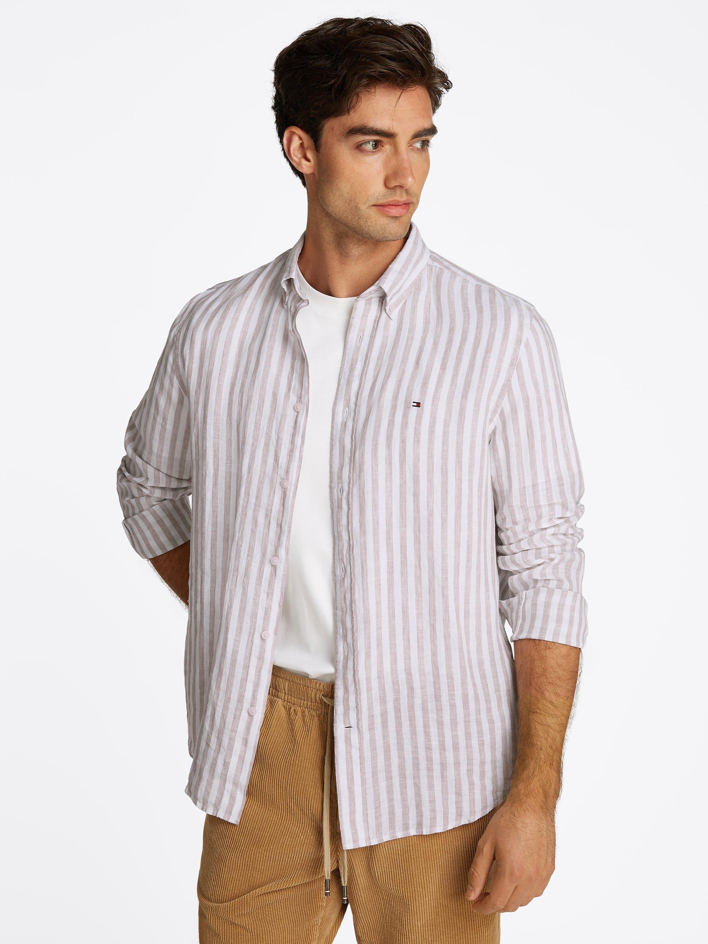 Product image 1 of 6, which shows Tommy Hilfiger Linen Regular Fit Stripe Shirt, Beige/White, S