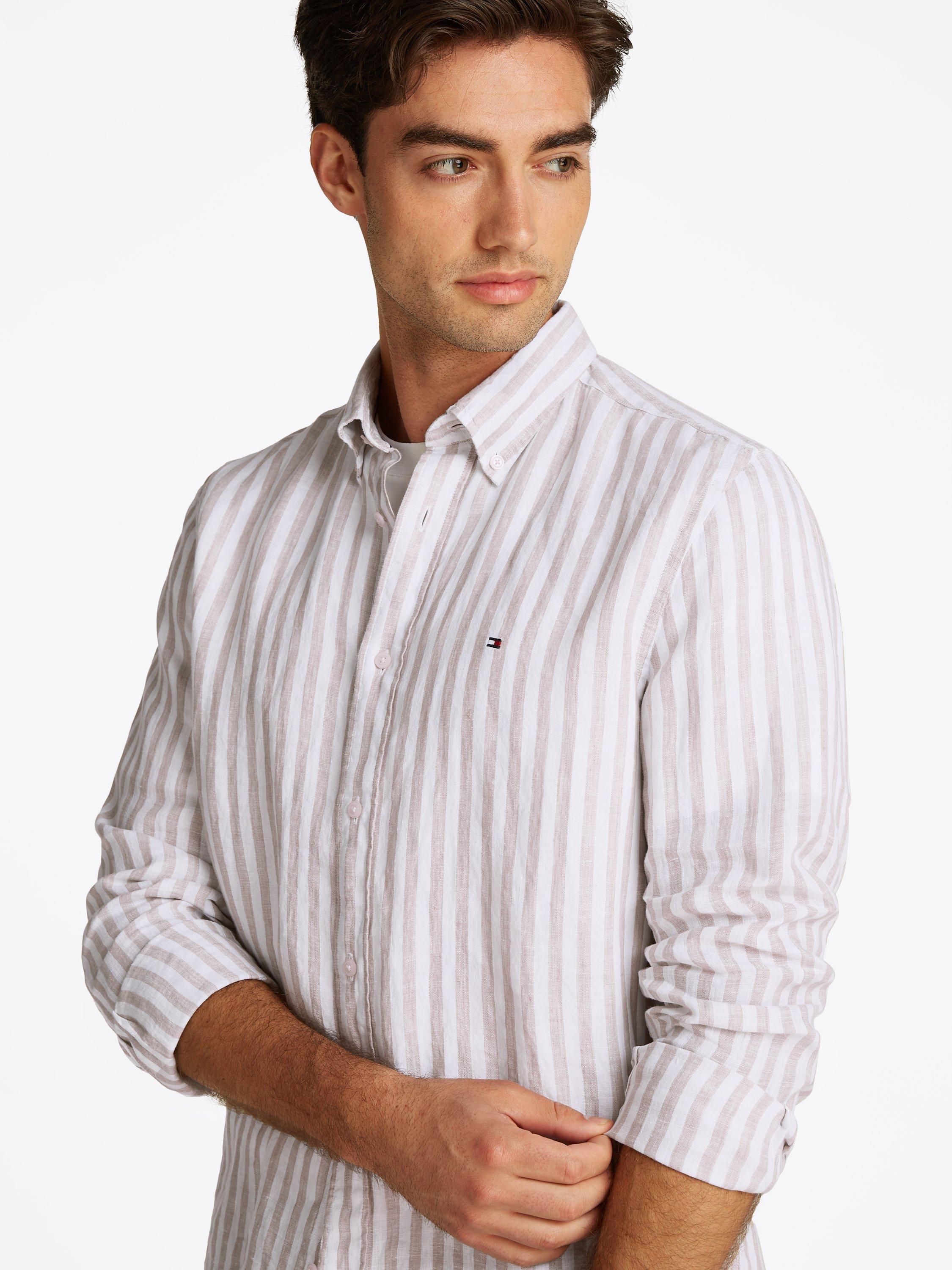 Product image 4 of 6, which shows Tommy Hilfiger Linen Regular Fit Stripe Shirt, Beige/White, S