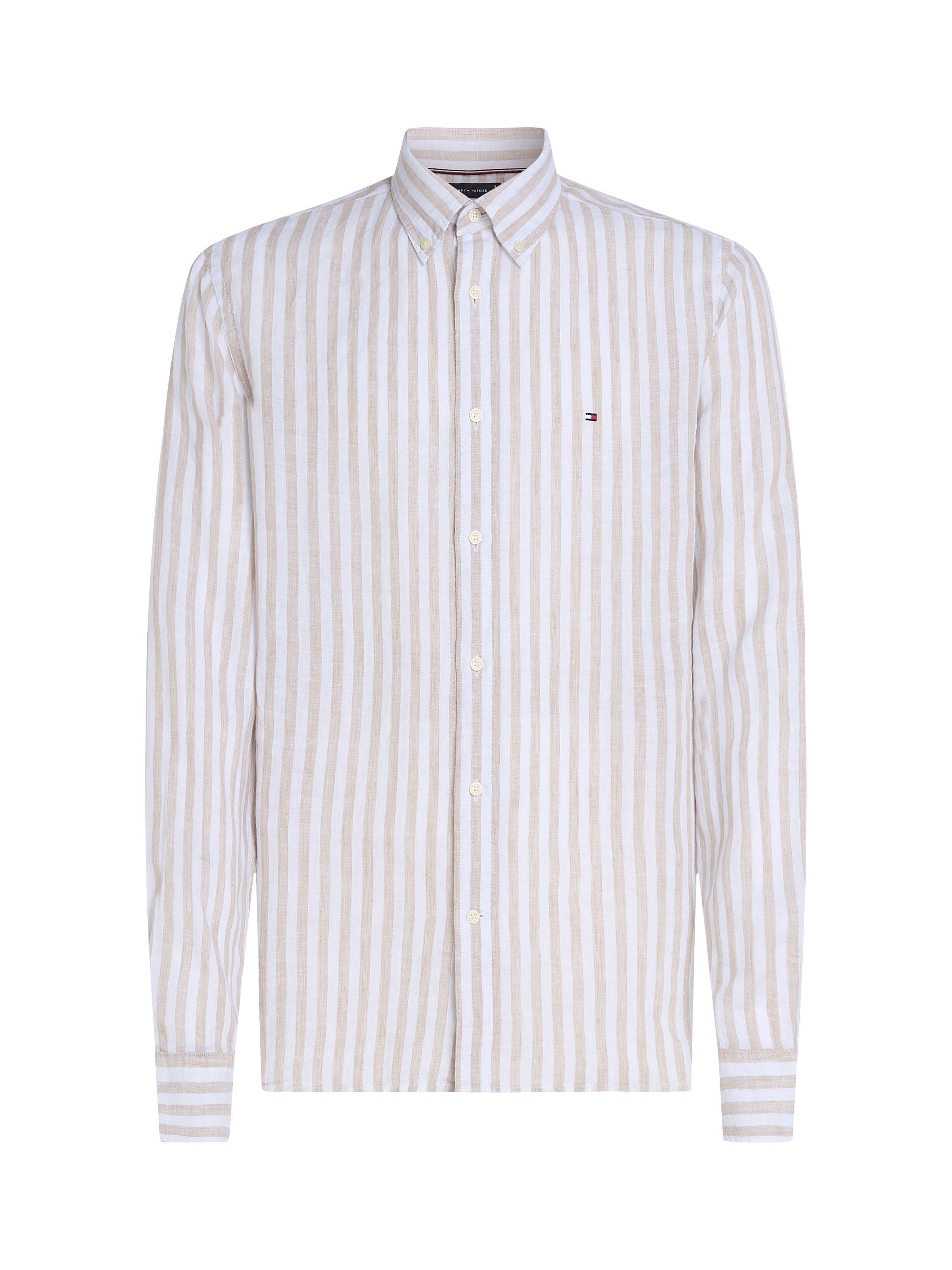 Product image 5 of 6, which shows Tommy Hilfiger Linen Regular Fit Stripe Shirt, Beige/White, S