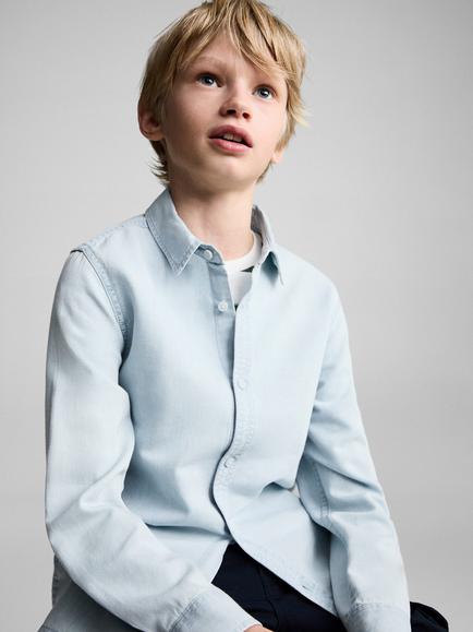 Mango Kids' Joan Cotton Denim Shirt, Open Blue, Open Blue
