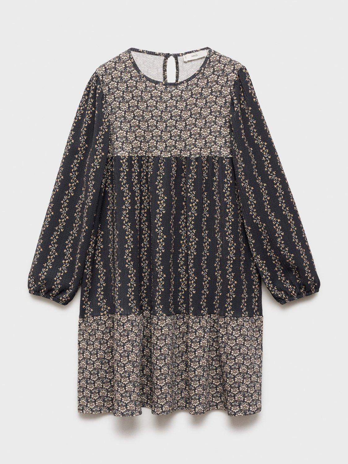 Product image 1 of 4, which shows Mango Kids' Boheme Floral Dress, Charcoal, 11-12 years