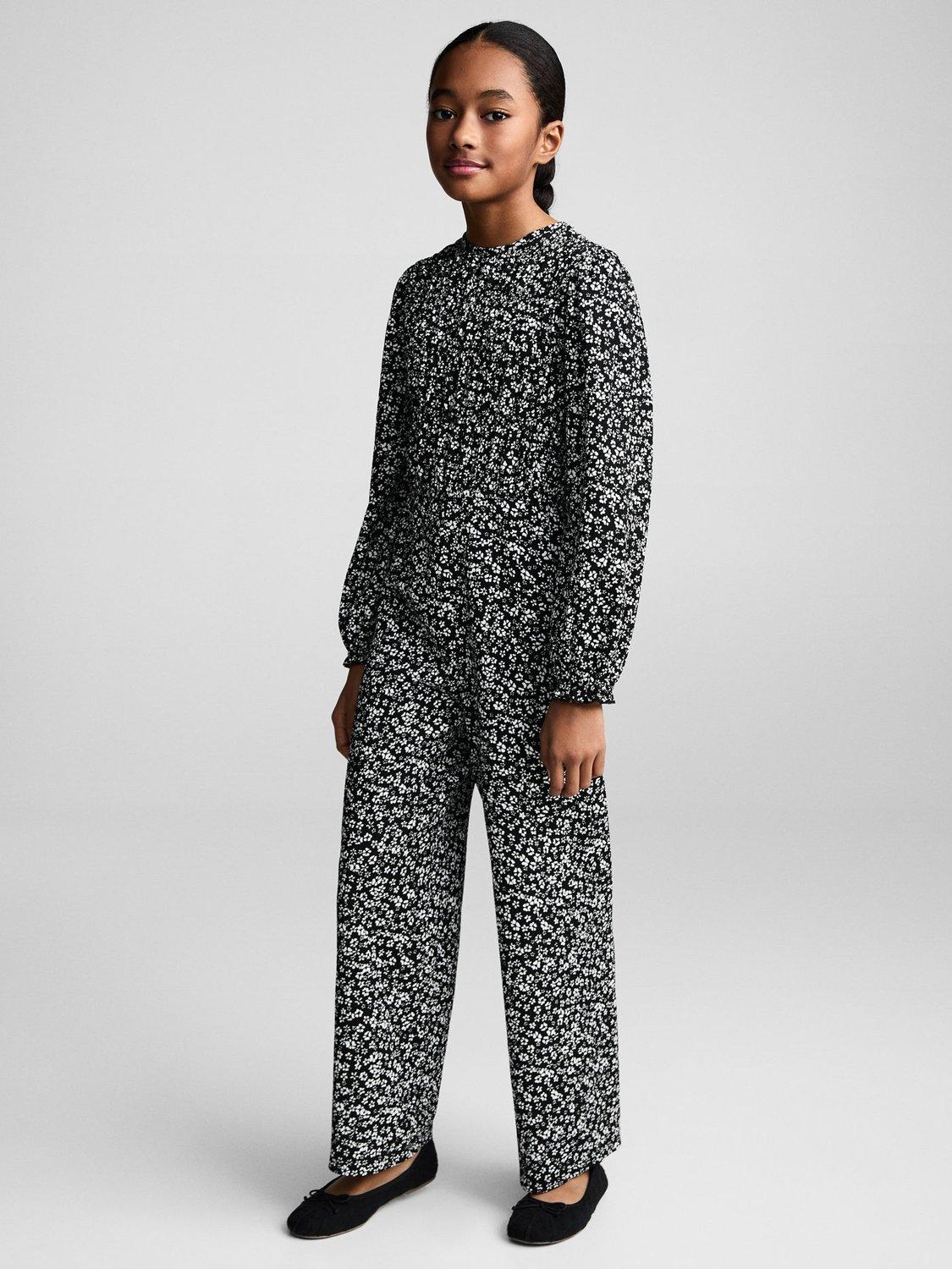 Product image 1 of 7, which shows Mango Kids' Nido Floral Jumpsuit, Black, 5-6 years