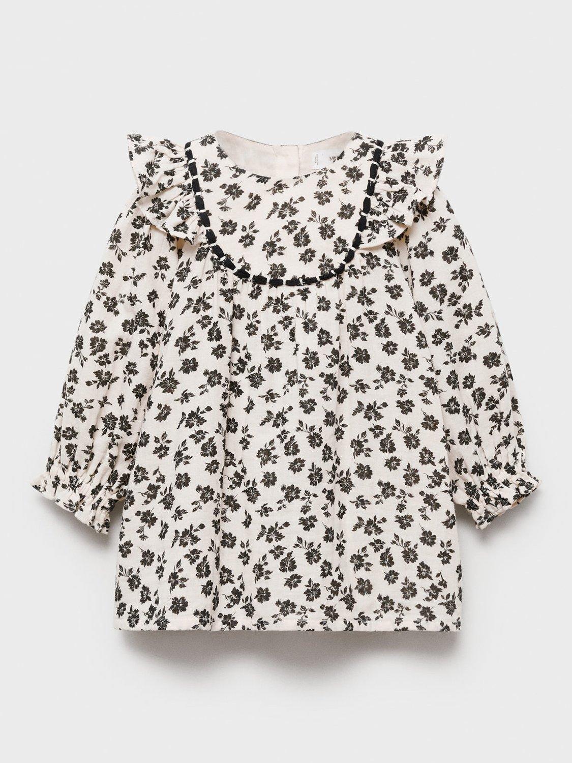 Product image 1 of 4, which shows Mango Kids' Nuba Floral Frill Cotton Dress, Cream/Multi, 9-12 months