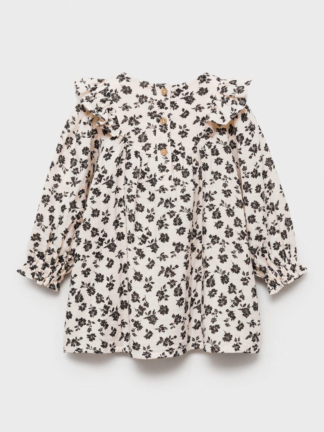 Product image 2 of 4, which shows Mango Kids' Nuba Floral Frill Cotton Dress, Cream/Multi, 9-12 months