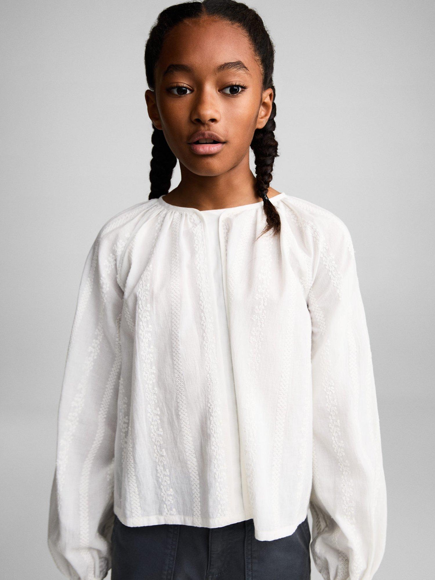 Product image 1 of 7, which shows Mango Kids' Inma Embroidered Cotton Blouse, White, 13-14 years