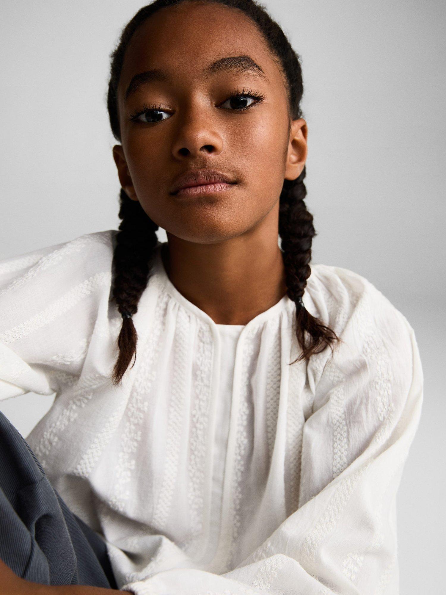 Product image 6 of 7, which shows Mango Kids' Inma Embroidered Cotton Blouse, White, 13-14 years