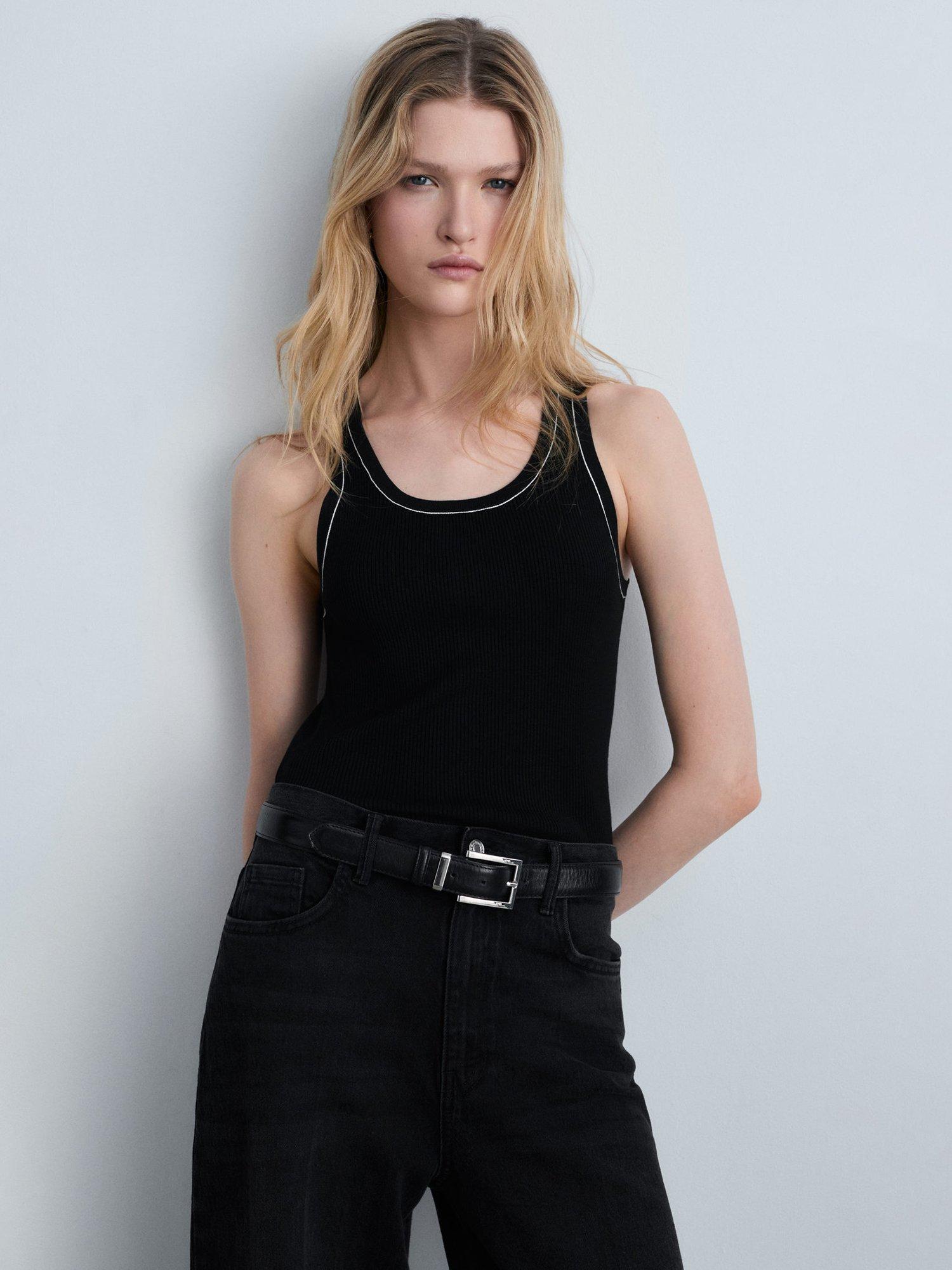 Product image 1 of 8, which shows Mango Shadowin Contrast Trim Ribbed Top, Black, XS