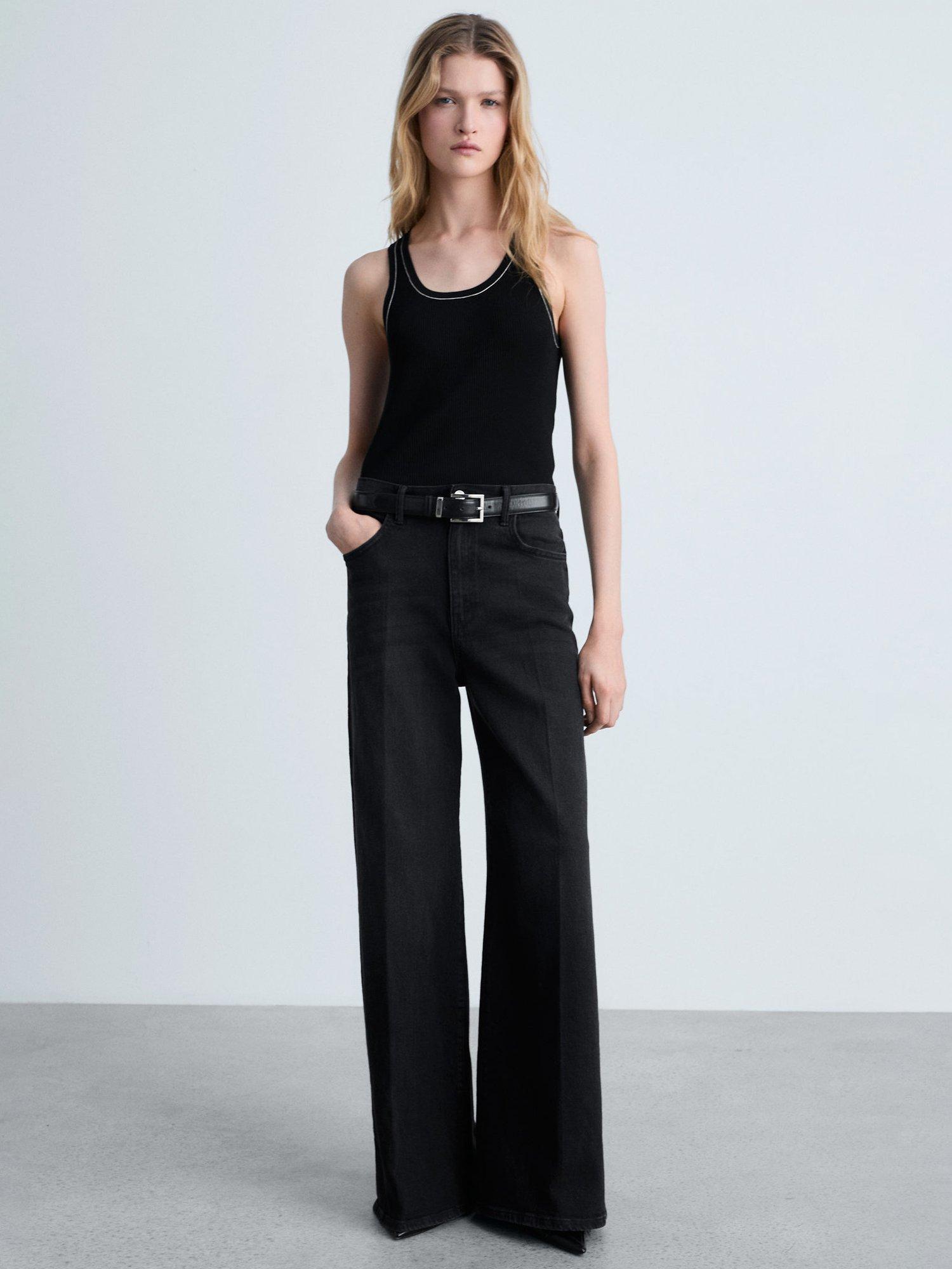 Product image 2 of 8, which shows Mango Shadowin Contrast Trim Ribbed Top, Black, XS