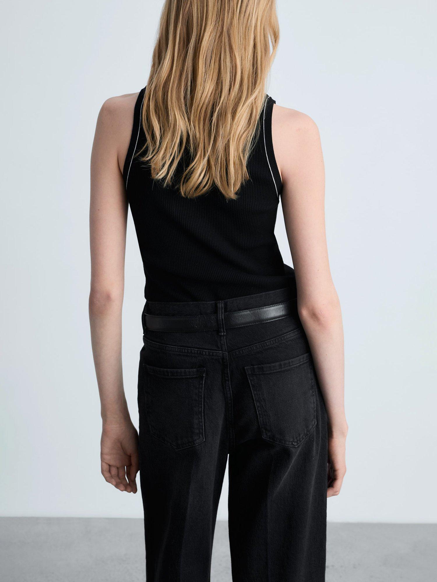 Product image 4 of 8, which shows Mango Shadowin Contrast Trim Ribbed Top, Black, XS