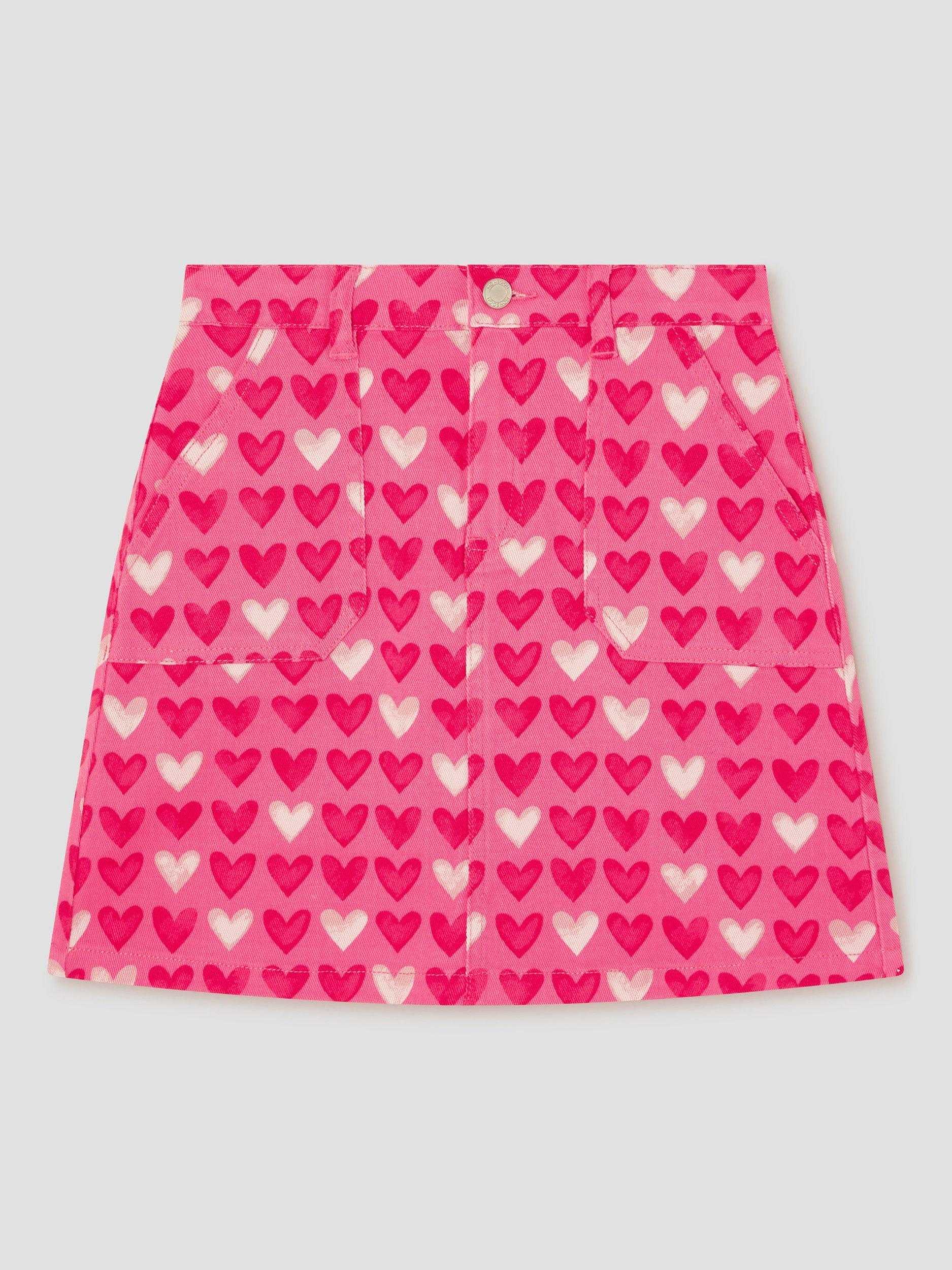Product image 1 of 3, which shows Monsoon Kids' Heart Print Denim Skirt, Pink, 3 years