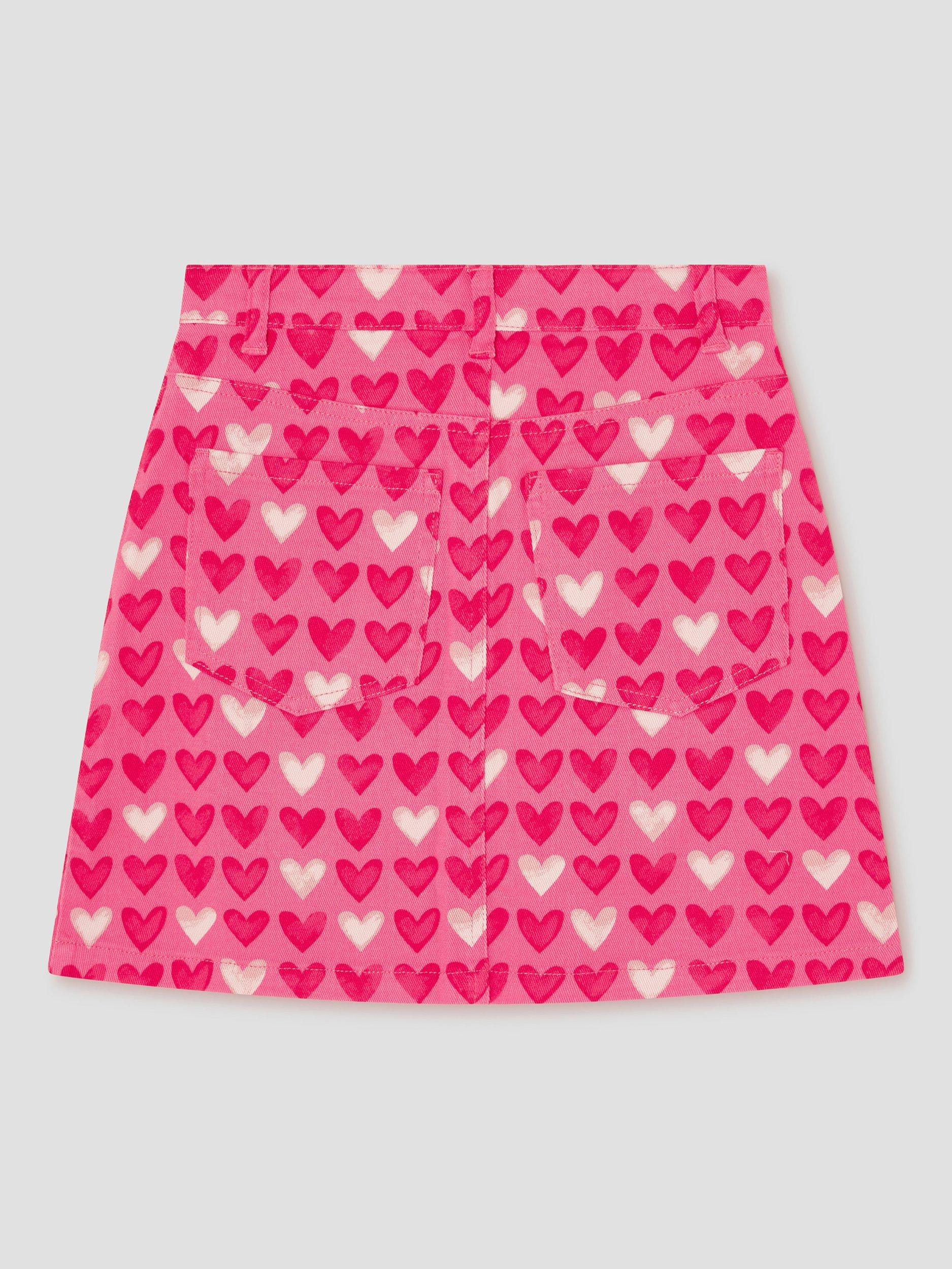 Product image 2 of 3, which shows Monsoon Kids' Heart Print Denim Skirt, Pink, 3 years
