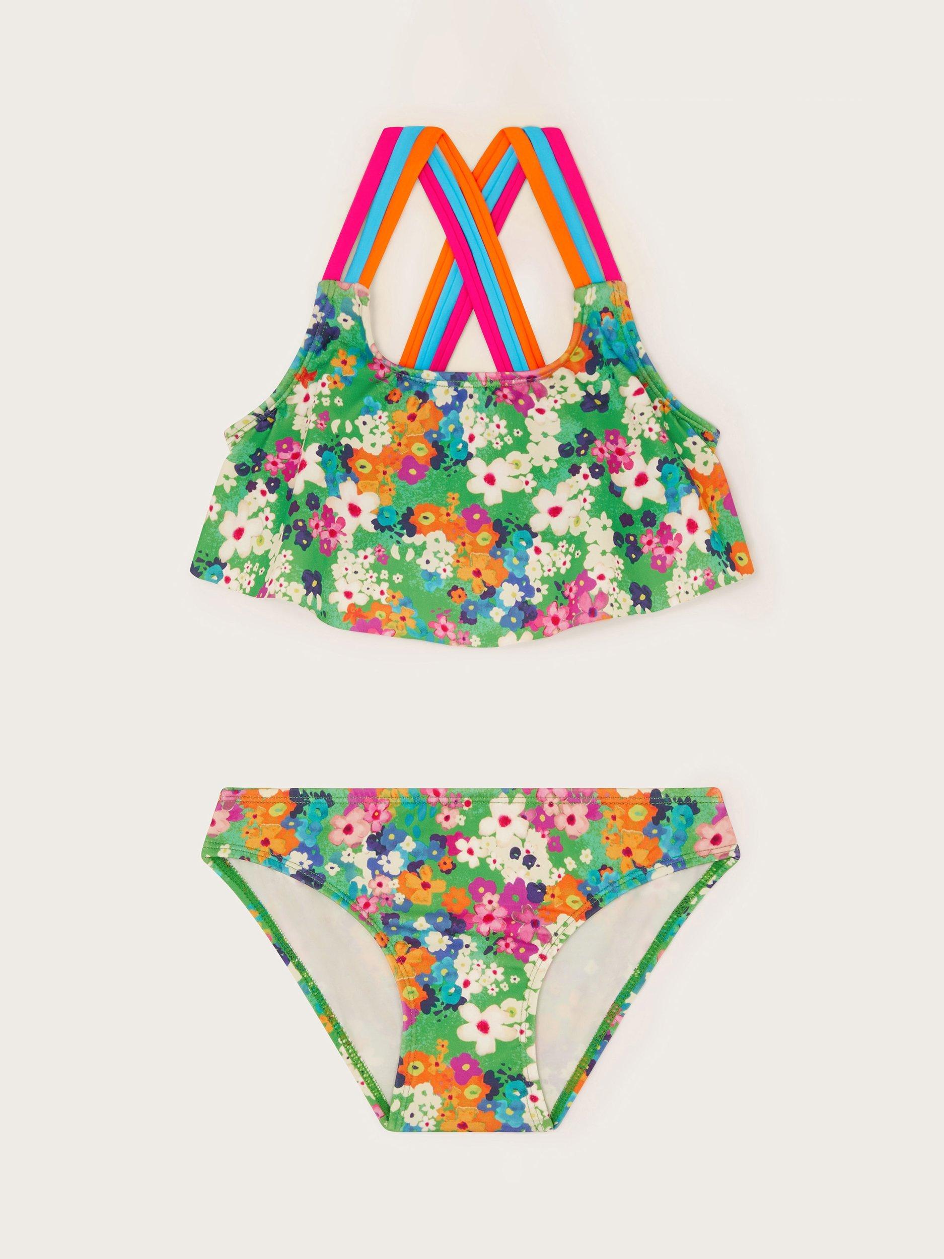 Product image 1 of 3, which shows Monsoon Kids' Floral Bikini Set, Green, 3-4 years