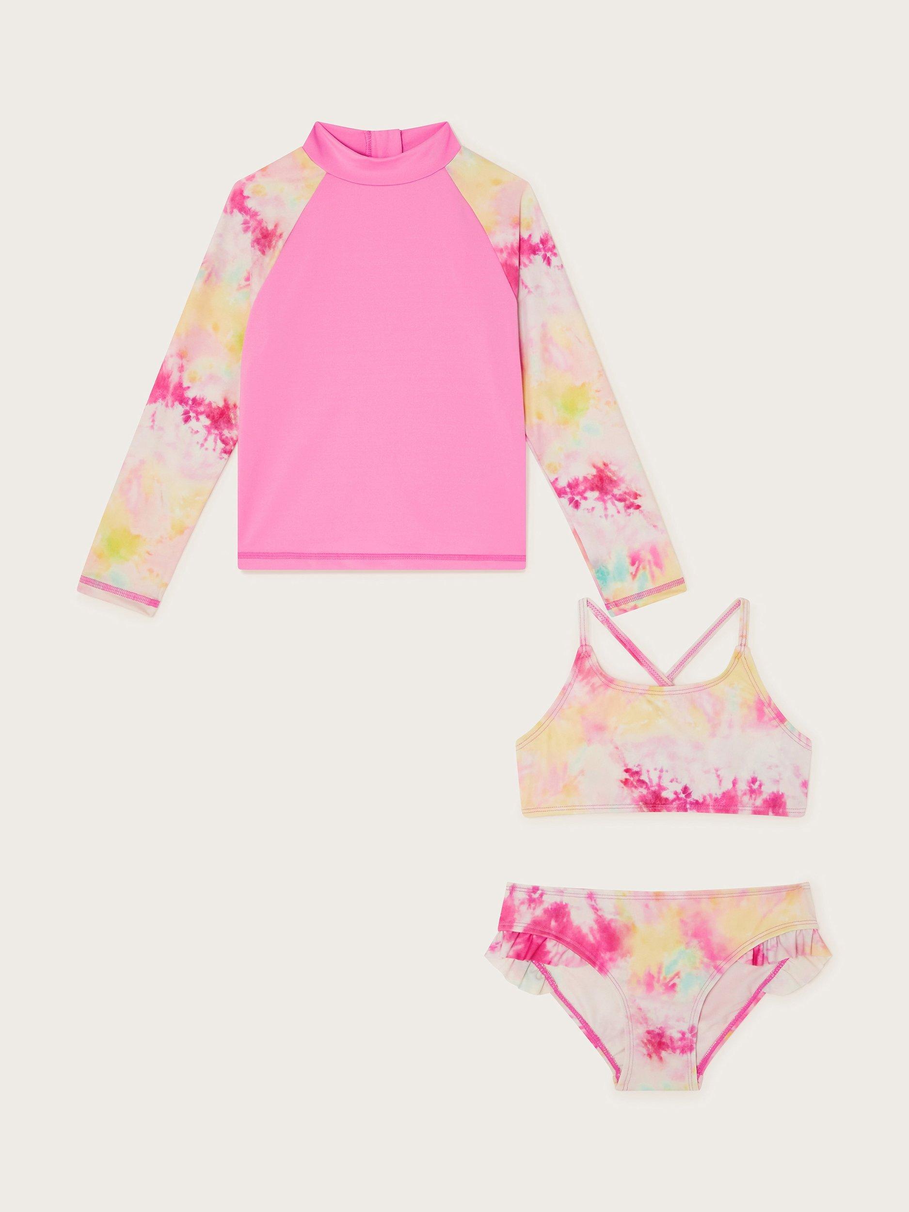 Product image 1 of 3, which shows Monsoon Kids' Tie Dye Swim Top and Bikini Set, Pink, 3-4 years