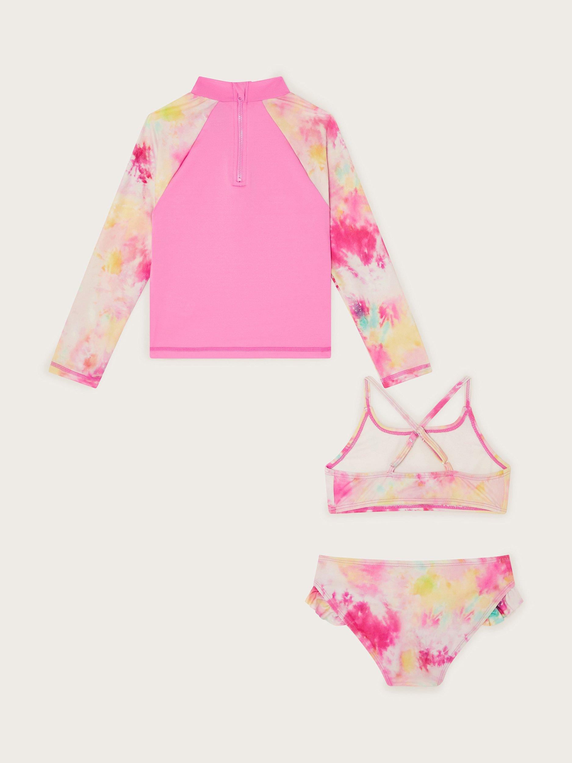 Product image 2 of 3, which shows Monsoon Kids' Tie Dye Swim Top and Bikini Set, Pink, 3-4 years