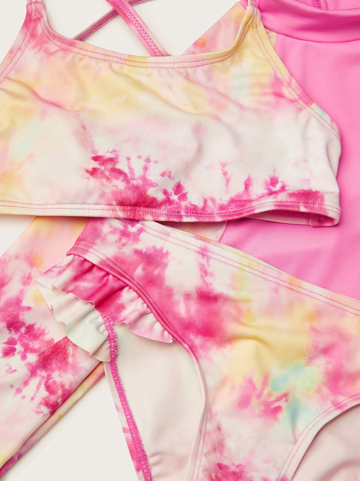 Product image 3 of 3, which shows Monsoon Kids' Tie Dye Swim Top and Bikini Set, Pink, 3-4 years
