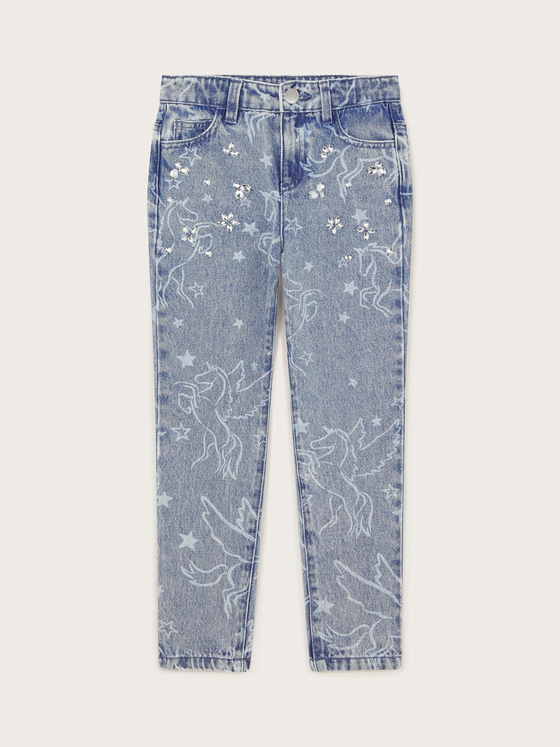 Product image 2 of 4, which shows Monsoon Kids' Rhinestone Jeans, Blue, 3 years
