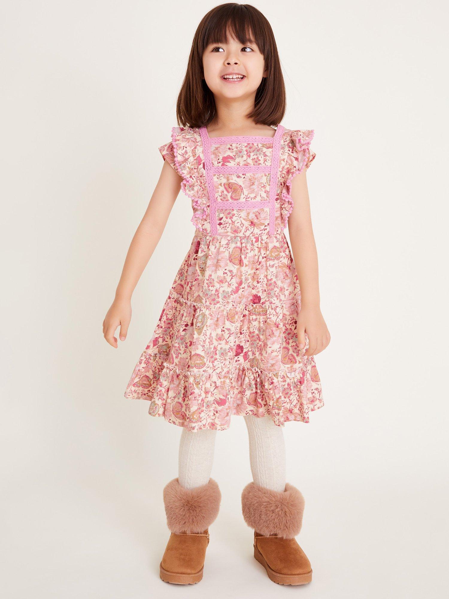 Product image 1 of 4, which shows Monsoon Kids' Butterfly Dress, Pink, 5-6 years