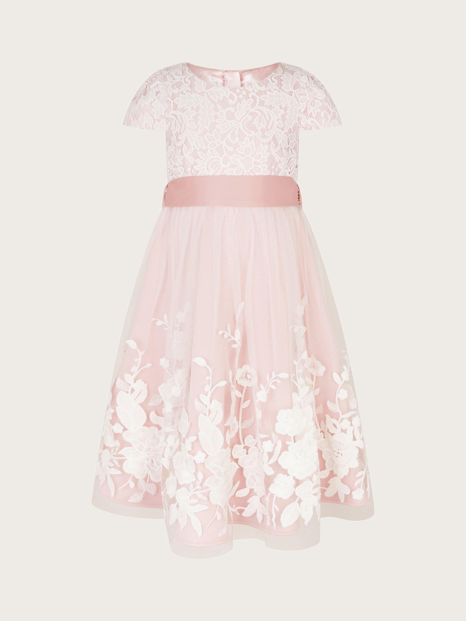 Product image 2 of 4, which shows Monsoon Kids' Sorcha Embroidered Lace Maxi Dress, Dusky Pink, 3 years