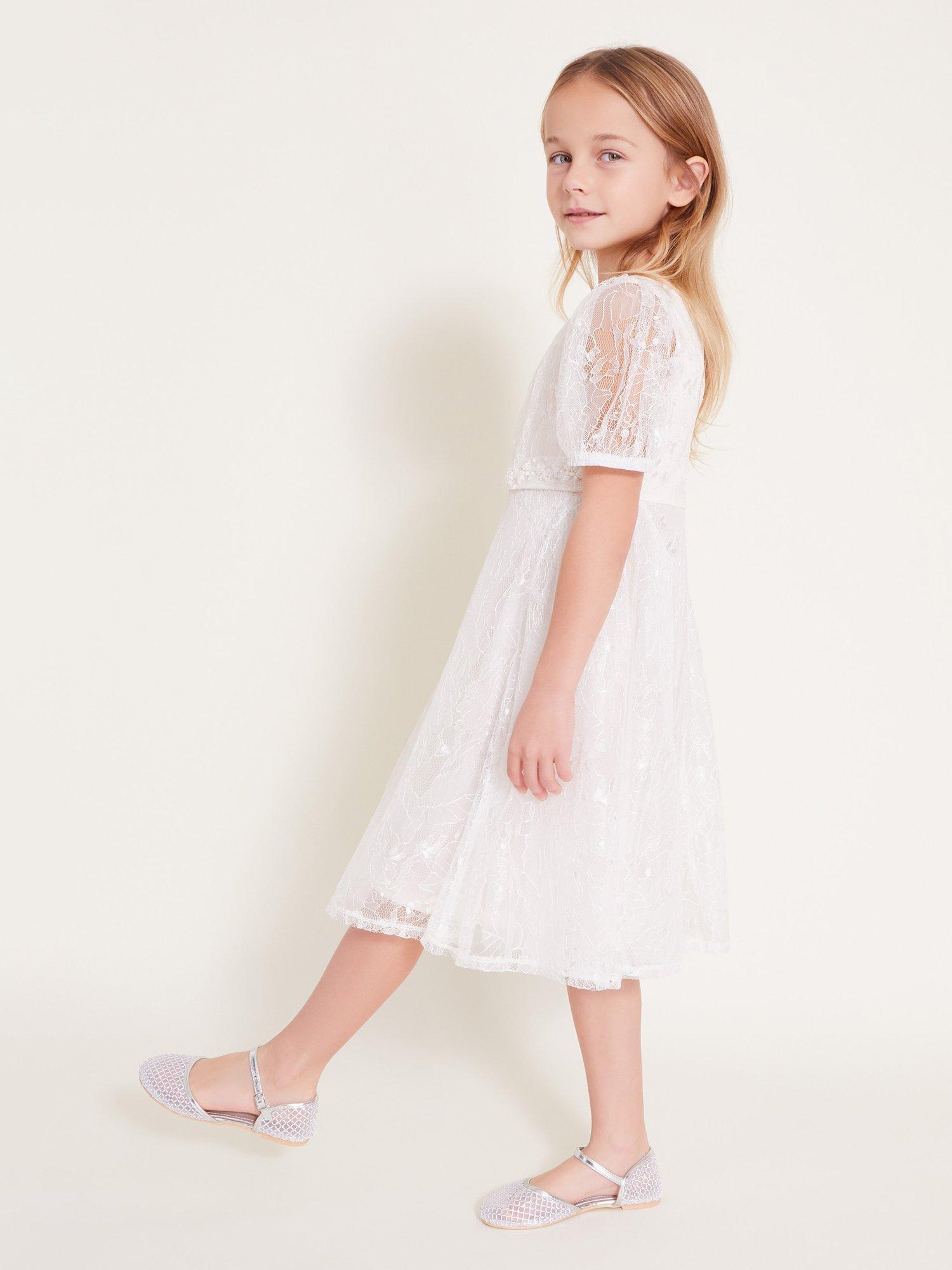 Product image 1 of 4, which shows Monsoon Kids' Lace Belt Dress, Ivory, 3 years