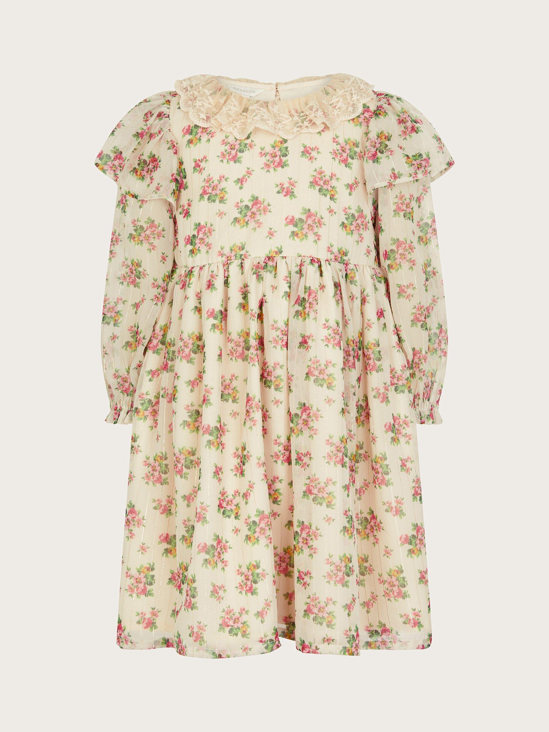 Product image 1 of 3, which shows Monsoon Kids' FLoral Long Blouson Sleeve Dress, Ivory, 5 years