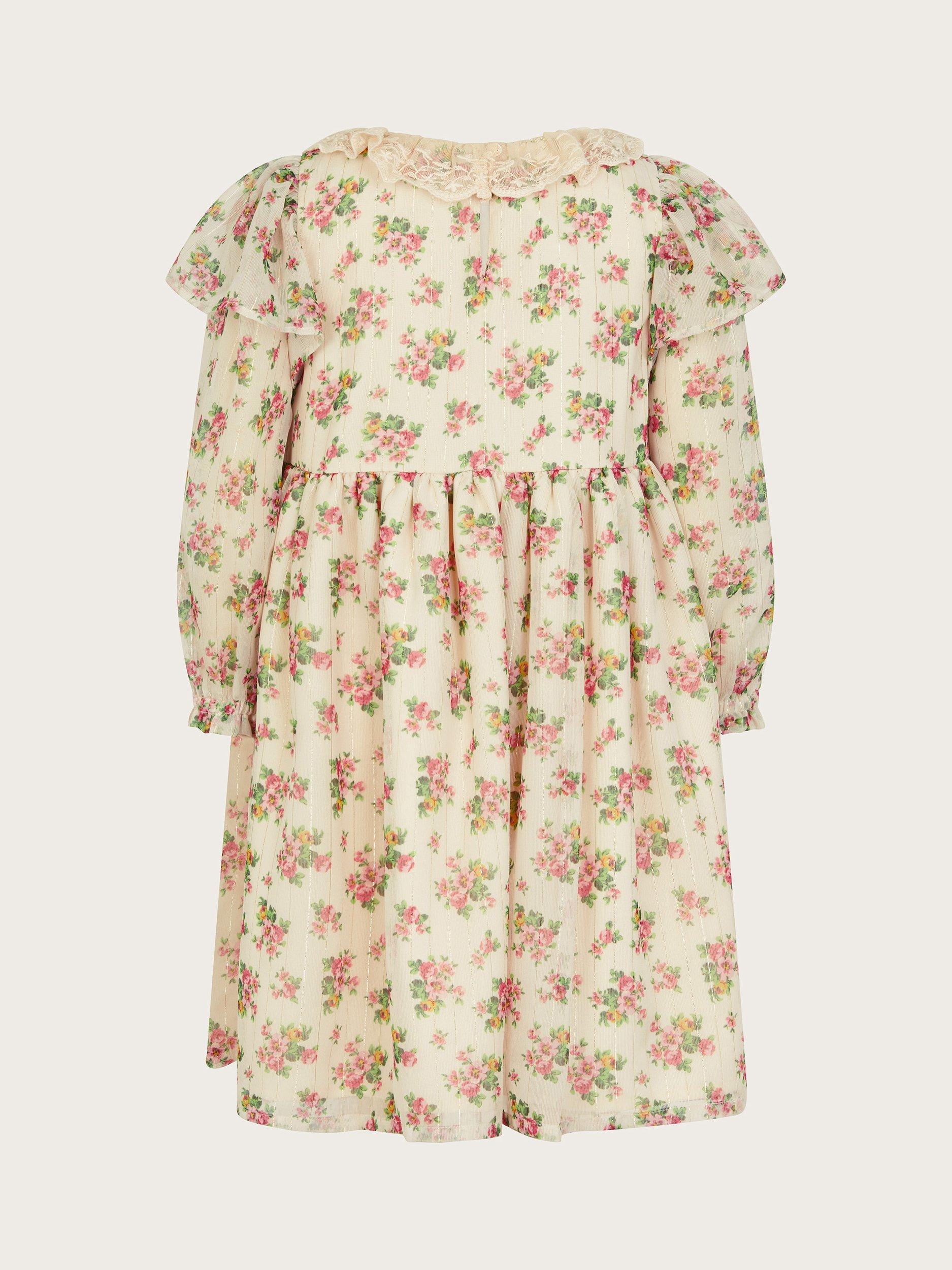 Product image 2 of 3, which shows Monsoon Kids' FLoral Long Blouson Sleeve Dress, Ivory, 5 years