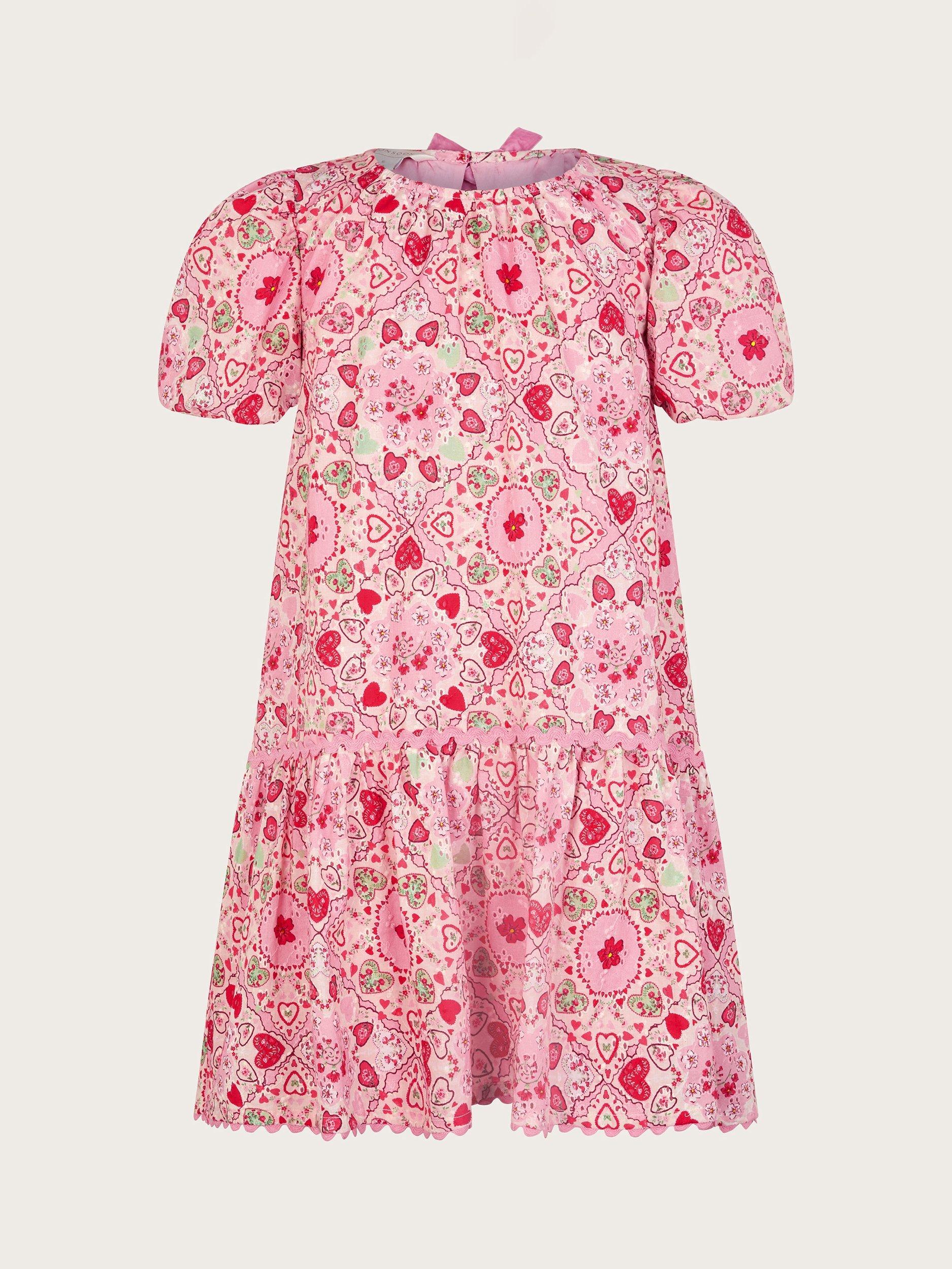 Product image 1 of 3, which shows Monsoon Kids' Cotton Tile Print Puff Sleeve Dress, Pink, 3 years
