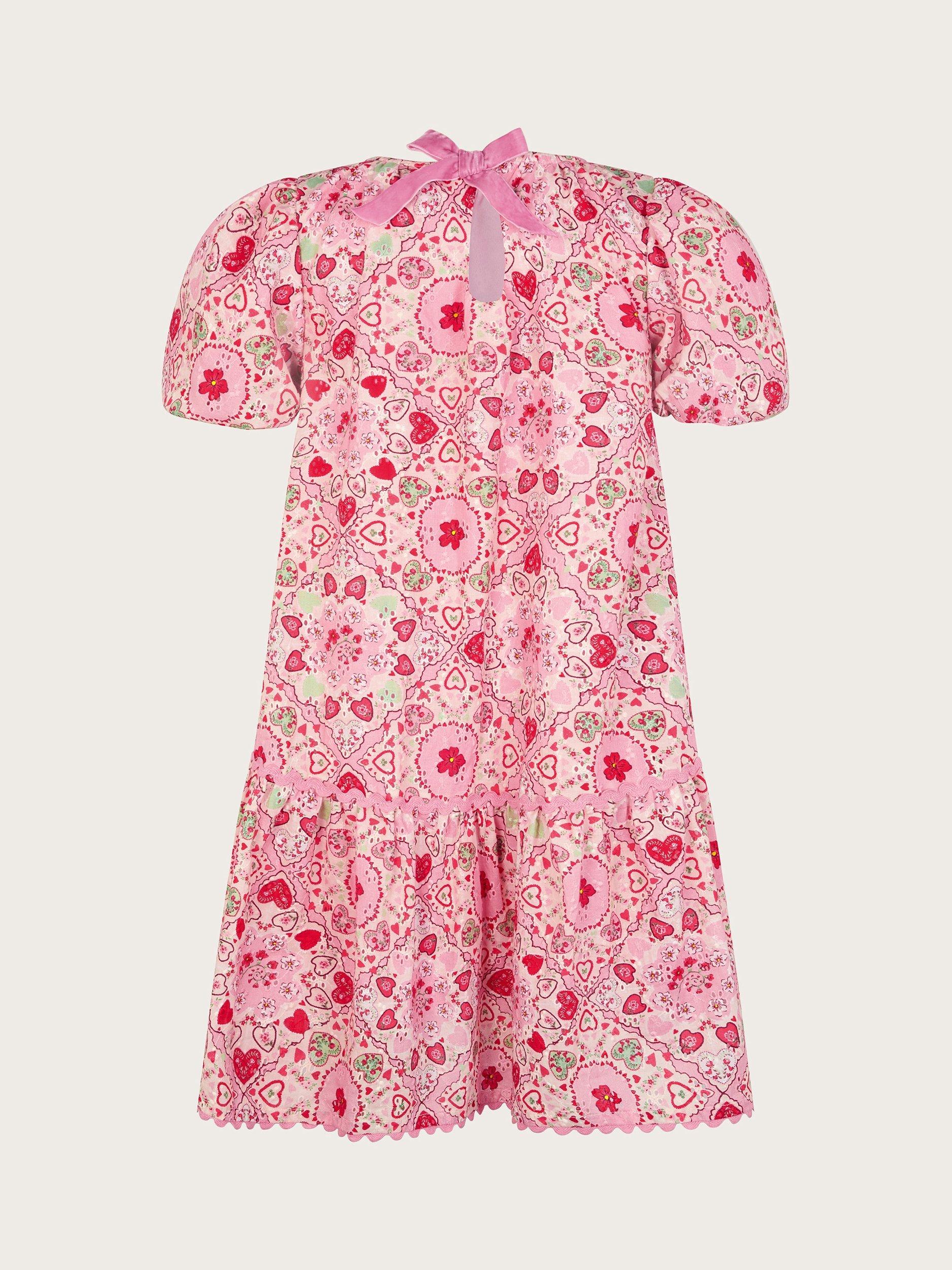 Product image 2 of 3, which shows Monsoon Kids' Cotton Tile Print Puff Sleeve Dress, Pink, 3 years