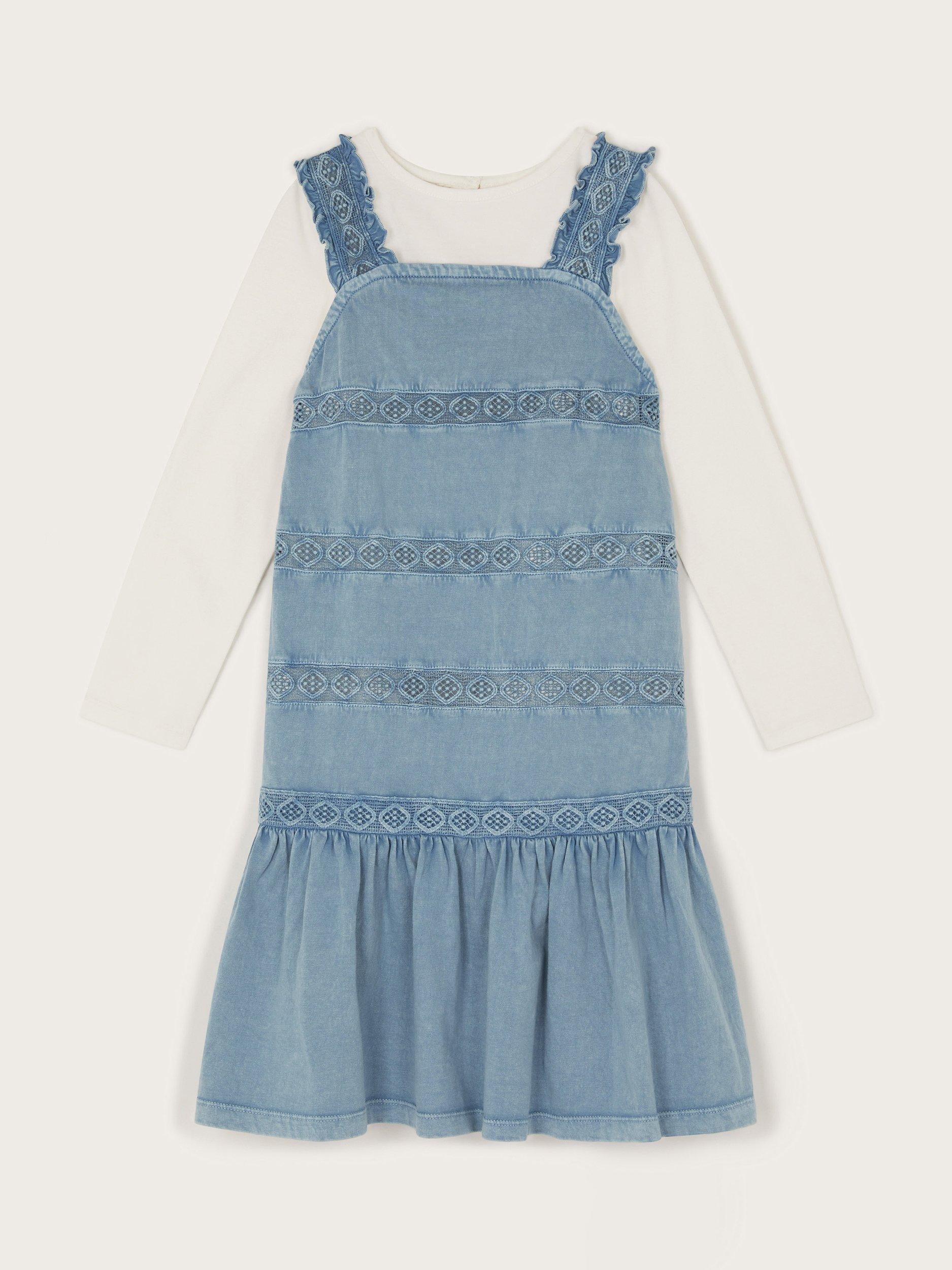 Product image 2 of 4, which shows Monsoon Kids' Cotton Long Sleeve Top & Pinafore Dress Set, Blue, 3-4 years