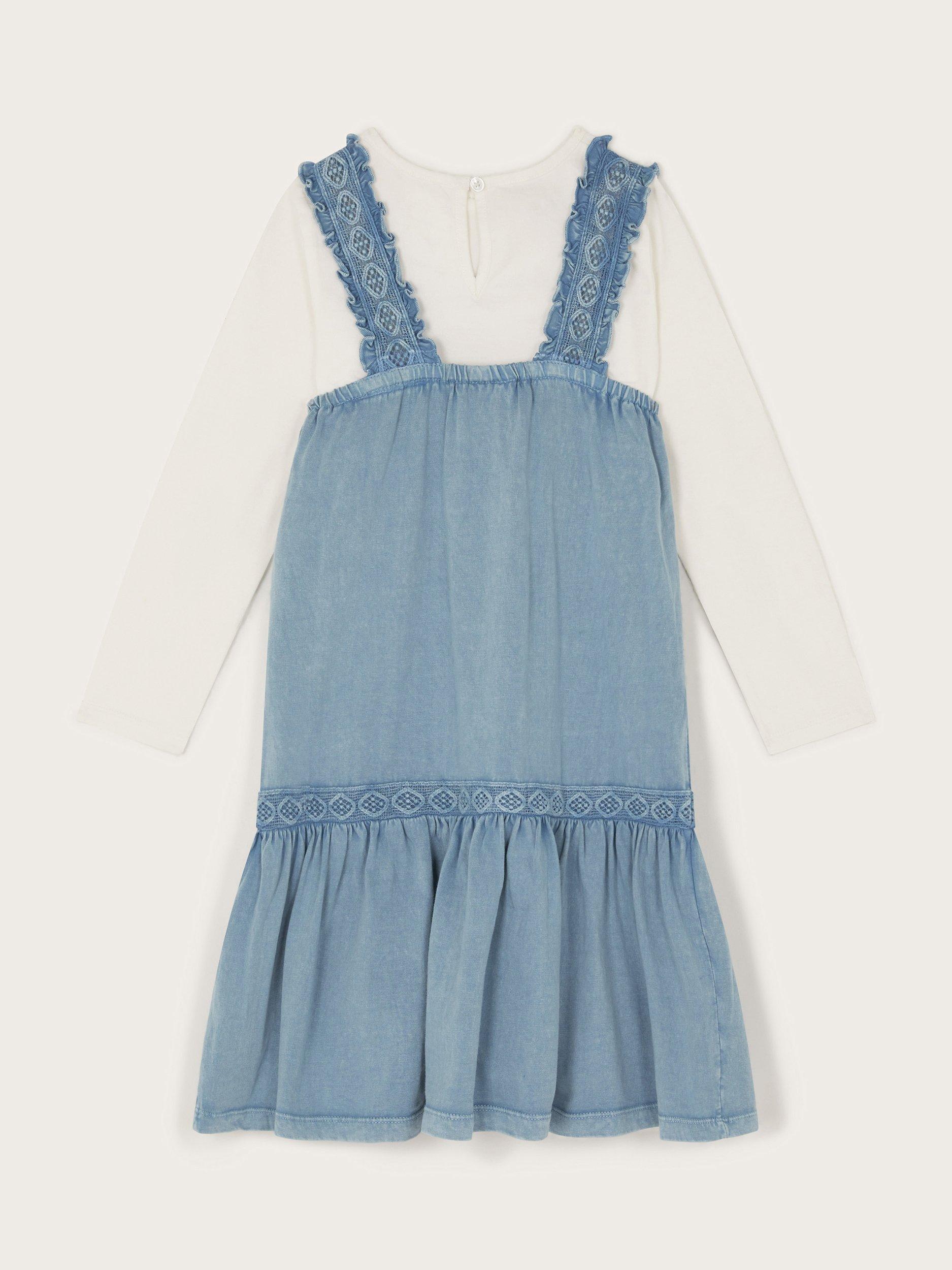 Product image 3 of 4, which shows Monsoon Kids' Cotton Long Sleeve Top & Pinafore Dress Set, Blue, 3-4 years