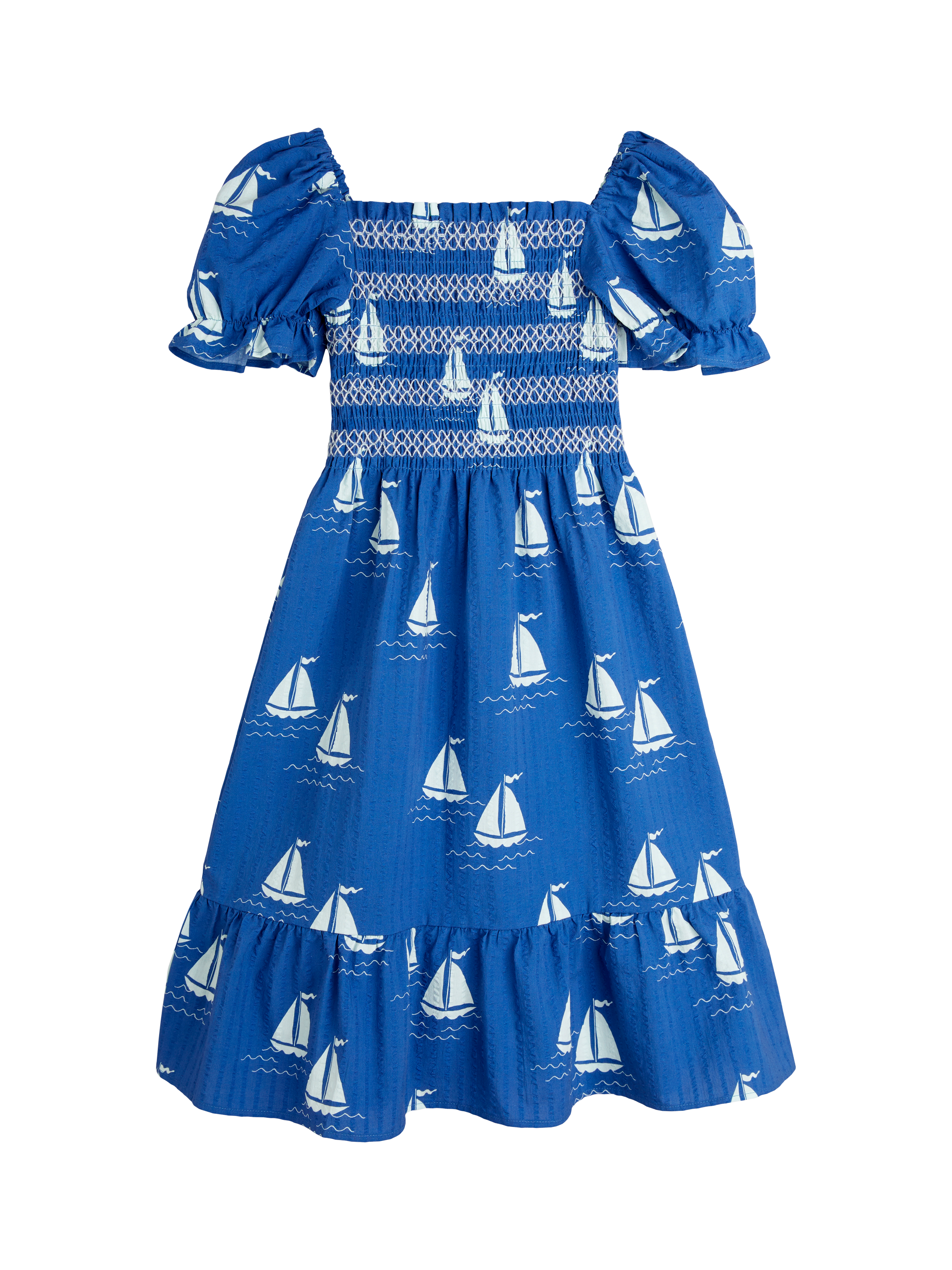 Product image 1 of 3, which shows Mini Rodini Kids' Organic Cotton Printed Dress, Sailing Boats Blue, 18-36 months