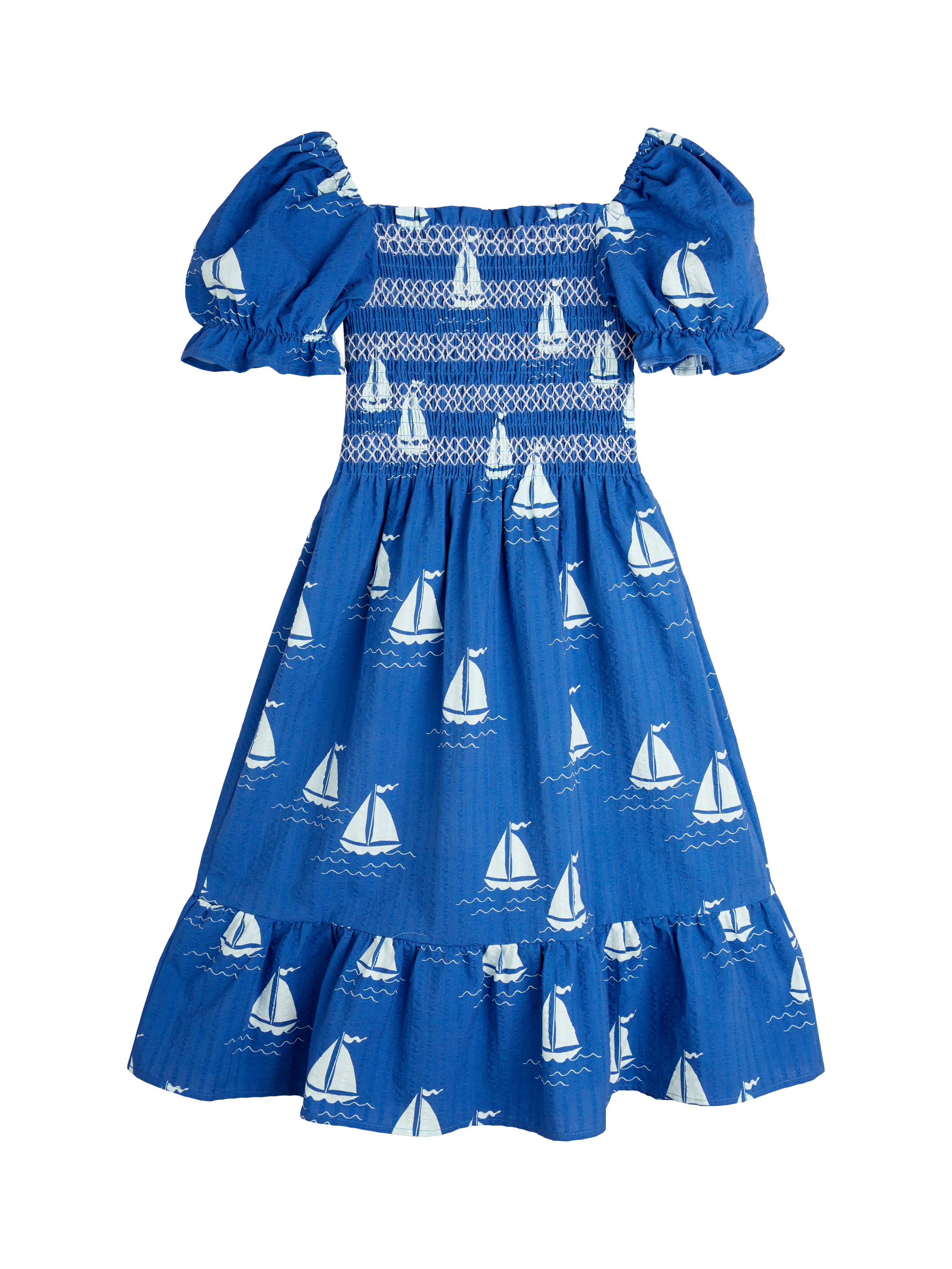 Product image 2 of 3, which shows Mini Rodini Kids' Organic Cotton Printed Dress, Sailing Boats Blue, 18-36 months
