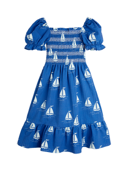 Mini Rodini Kids' Organic Cotton Printed Dress, Sailing Boats Blue - view 2, Sailing Boats Blue