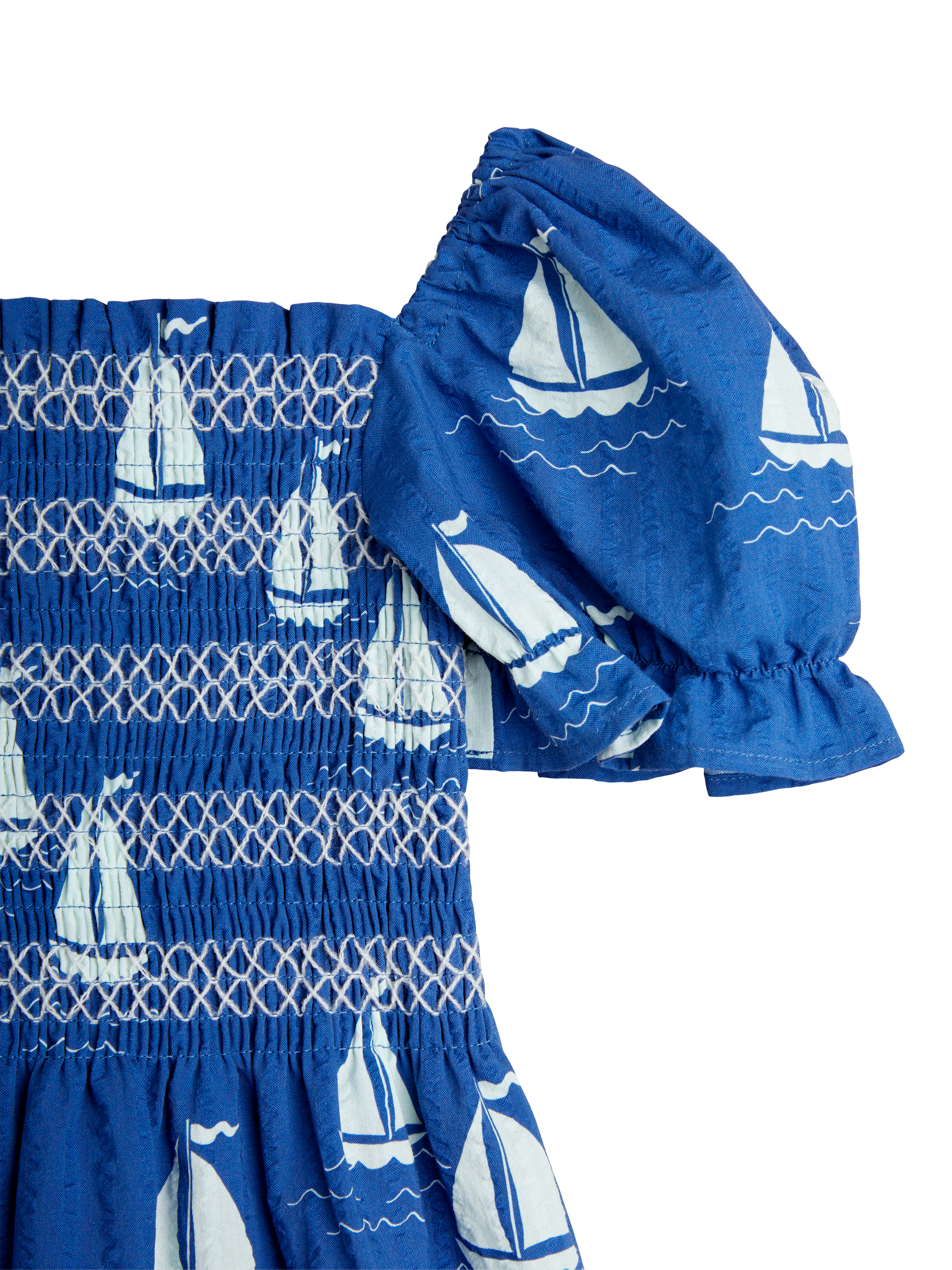Product image 3 of 3, which shows Mini Rodini Kids' Organic Cotton Printed Dress, Sailing Boats Blue, 18-36 months
