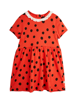 Mini Rodini Kids' Organic Cotton Lace Collar Dress, Polka Dot Red, Polka Dot Red