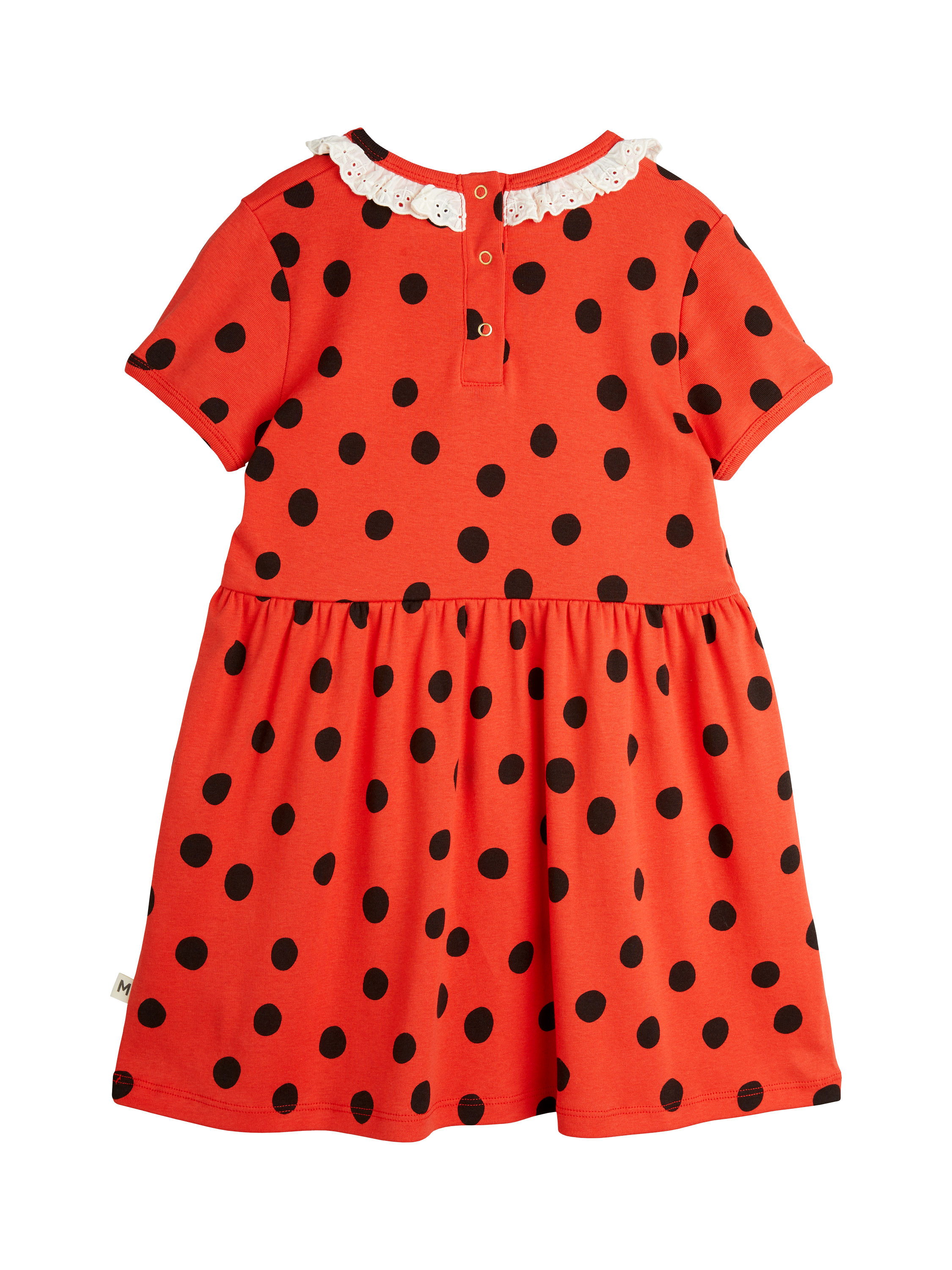 Product image 2 of 4, which shows Mini Rodini Kids' Organic Cotton Lace Collar Dress, Polka Dot Red, 1-4 months