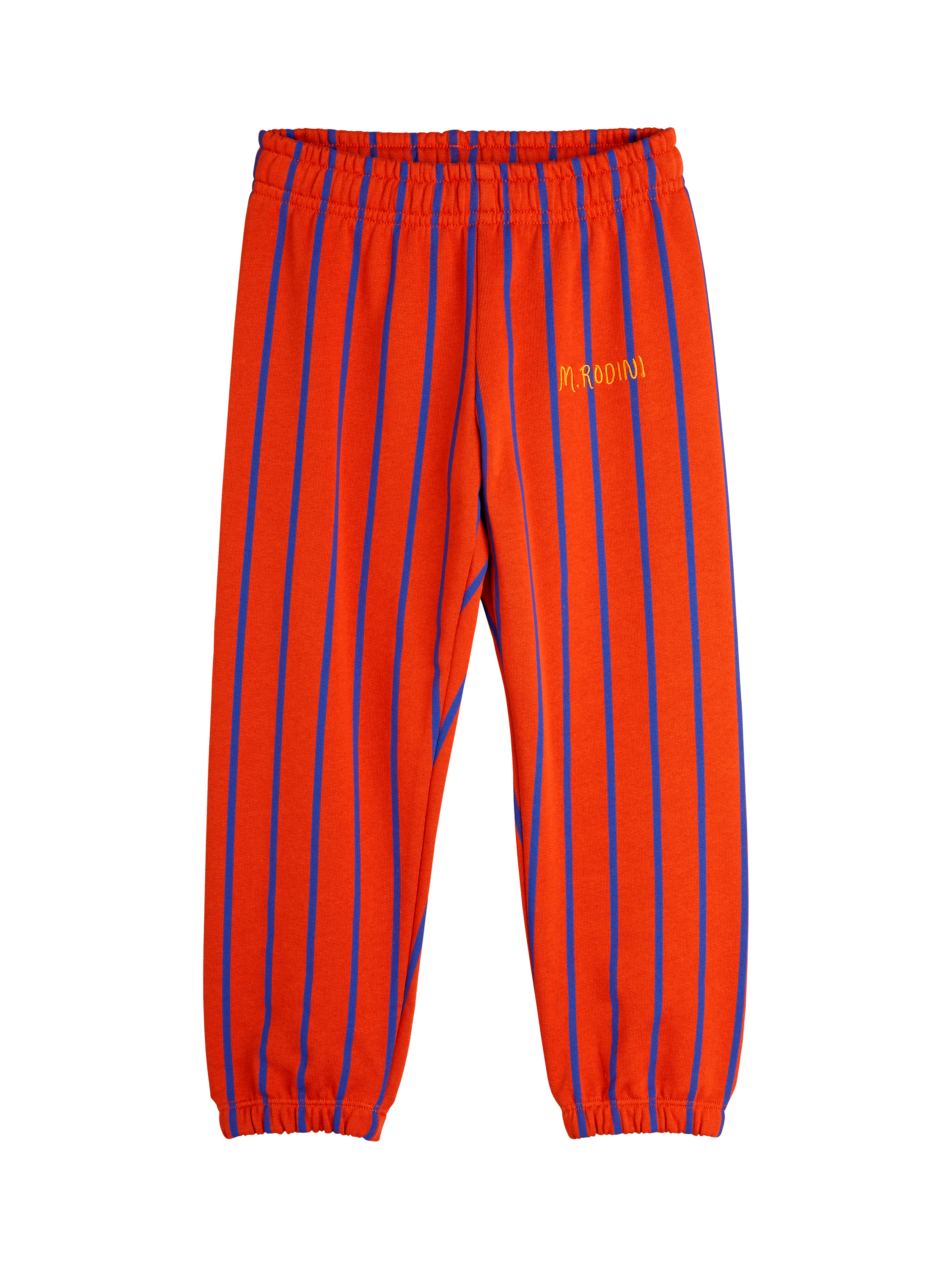 Product image 1 of 3, which shows Mini Rodini Kids' Organic Cotton Striped Joggers, Orange Stripe, 3-5 years