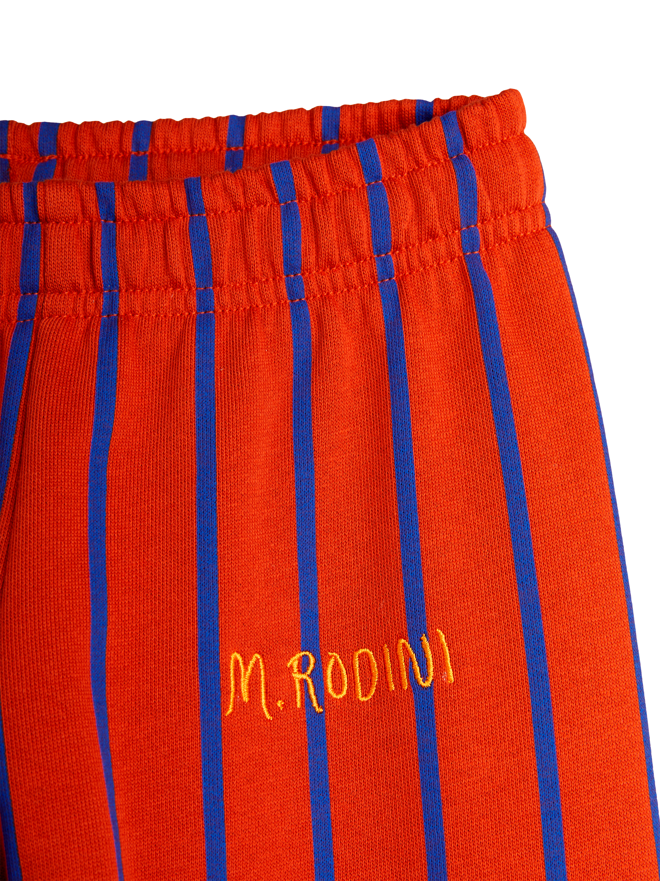 Product image 3 of 3, which shows Mini Rodini Kids' Organic Cotton Striped Joggers, Orange Stripe, 3-5 years