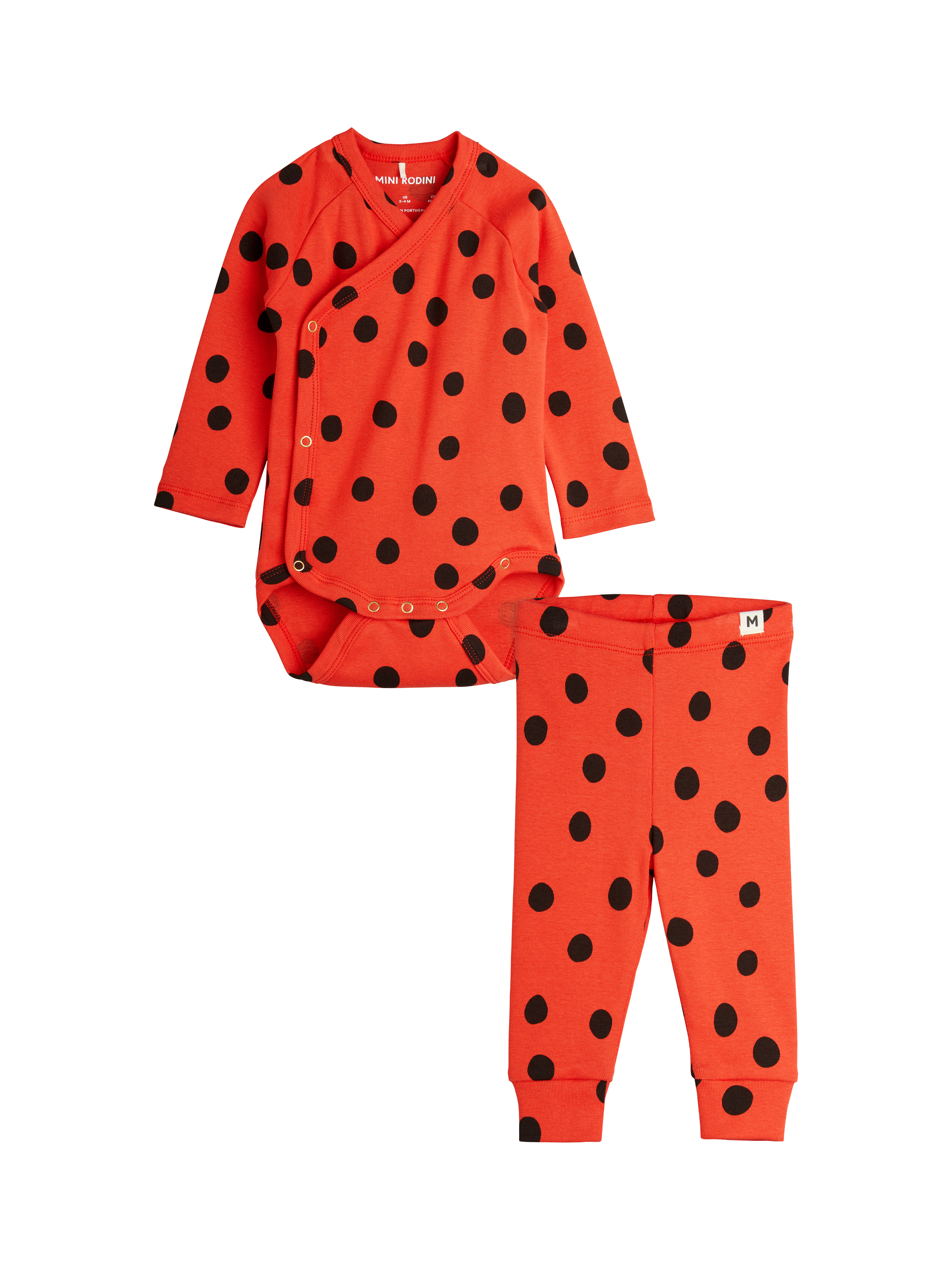 Product image 1 of 4, which shows Mini Rodini Baby Organic Cotton Wrap Bodysuit & Cuffed Leggings Set, Polka Dot Red, 0-1 months
