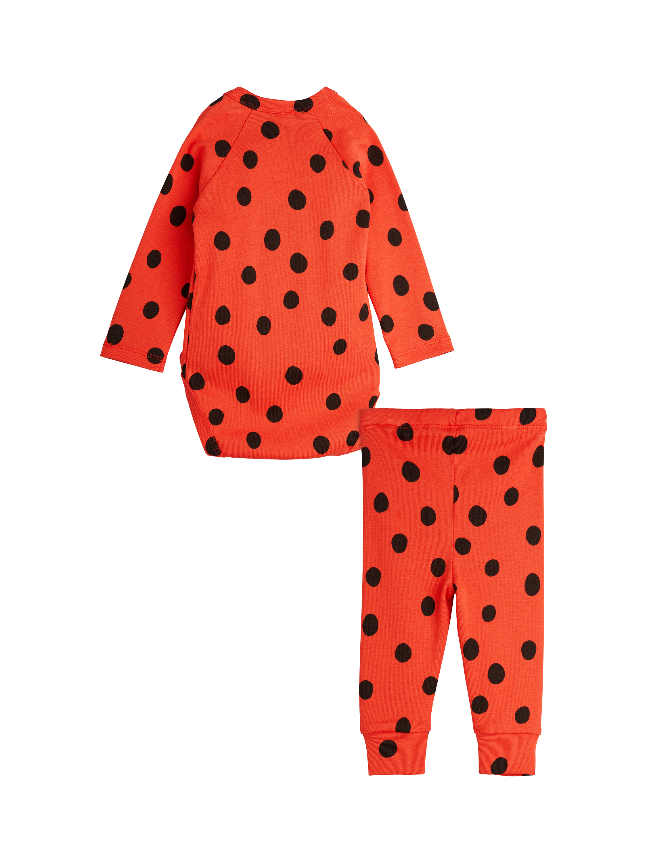 Product image 2 of 4, which shows Mini Rodini Baby Organic Cotton Wrap Bodysuit & Cuffed Leggings Set, Polka Dot Red, 0-1 months