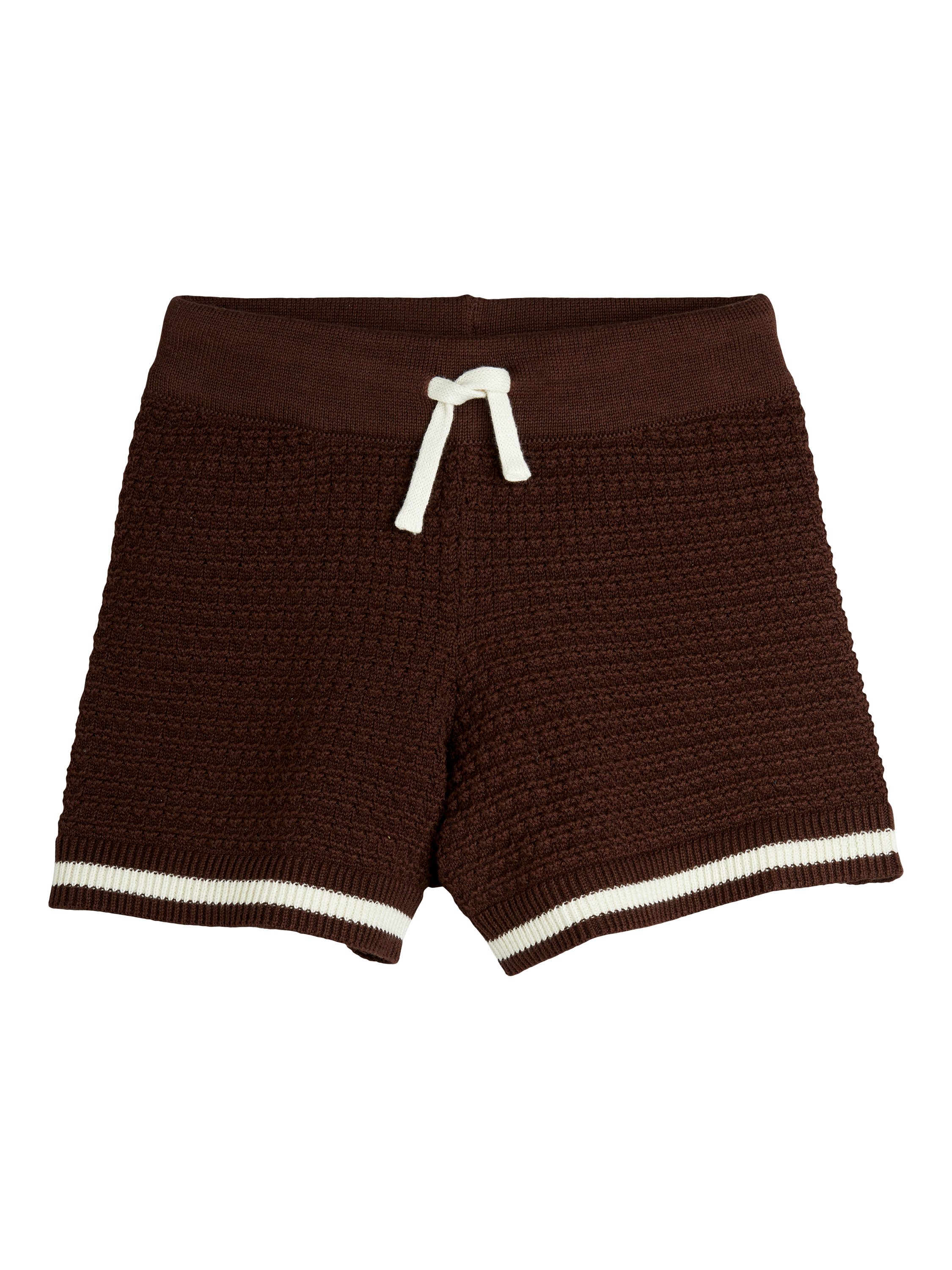 Product image 1 of 3, which shows Mini Rodini Kids' Organic Cotton Crochet Knitted Shorts, Brown, 18-36 months