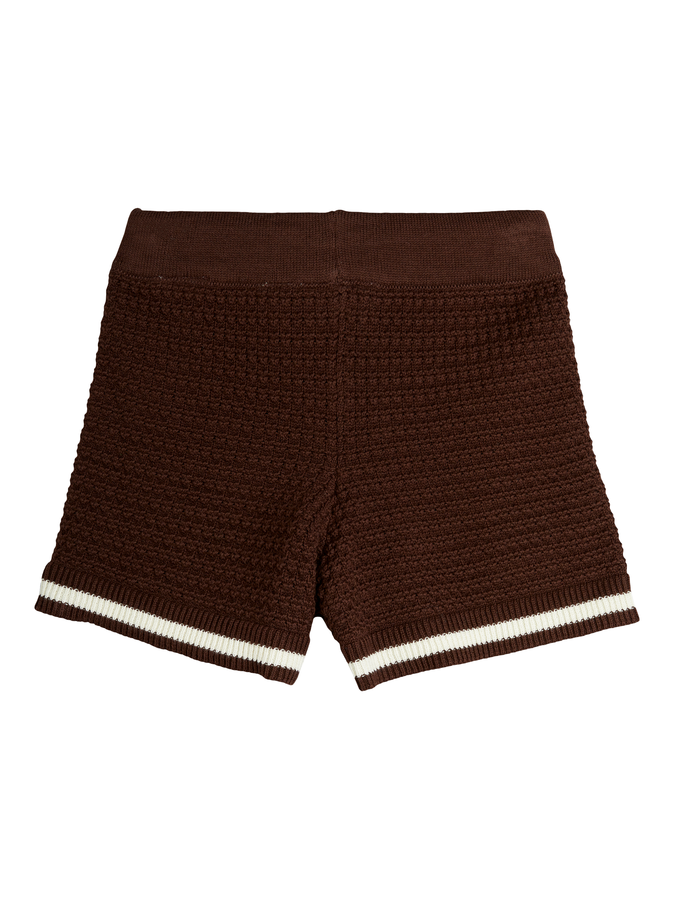 Product image 2 of 3, which shows Mini Rodini Kids' Organic Cotton Crochet Knitted Shorts, Brown, 18-36 months