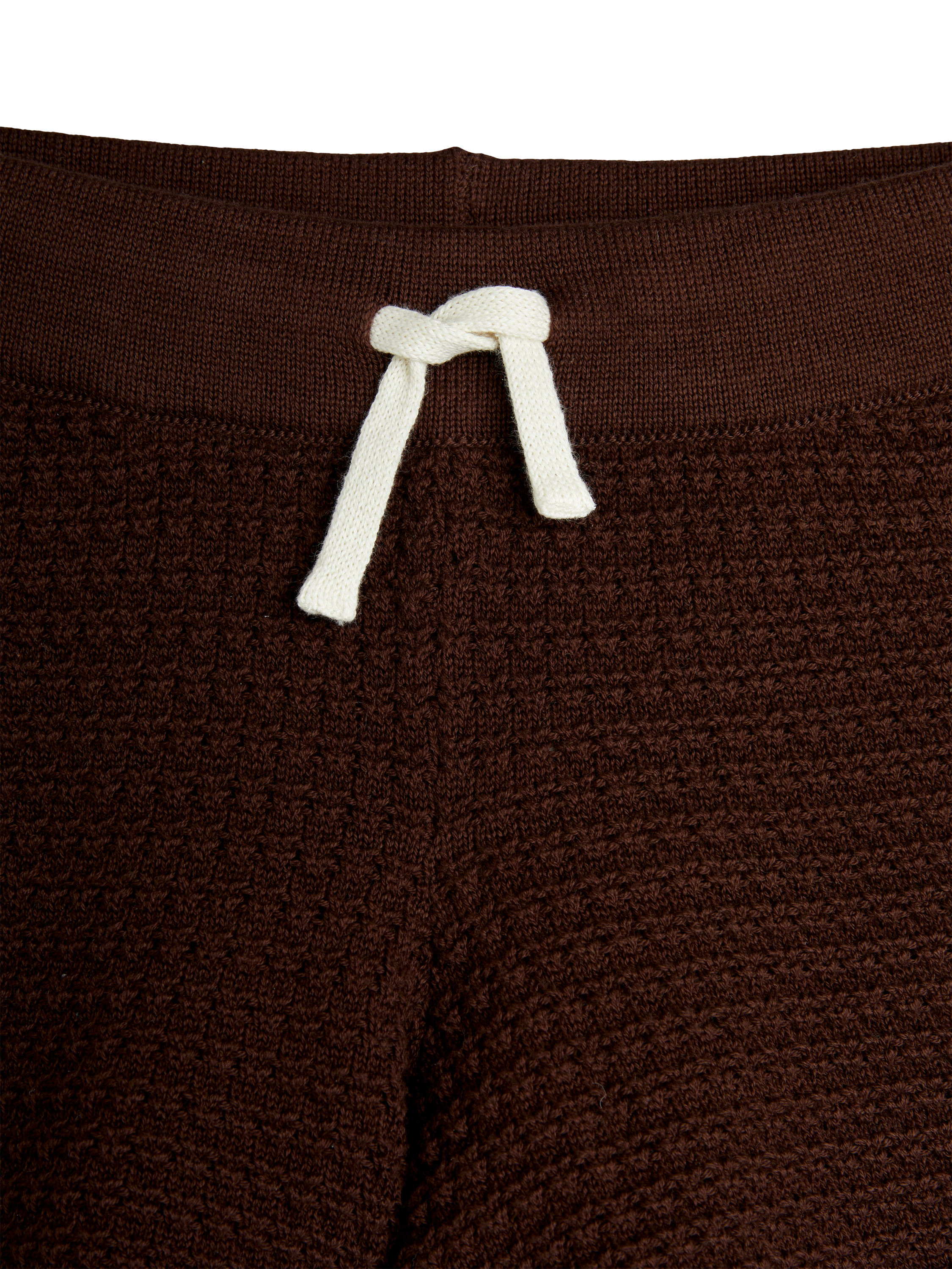 Product image 3 of 3, which shows Mini Rodini Kids' Organic Cotton Crochet Knitted Shorts, Brown, 18-36 months